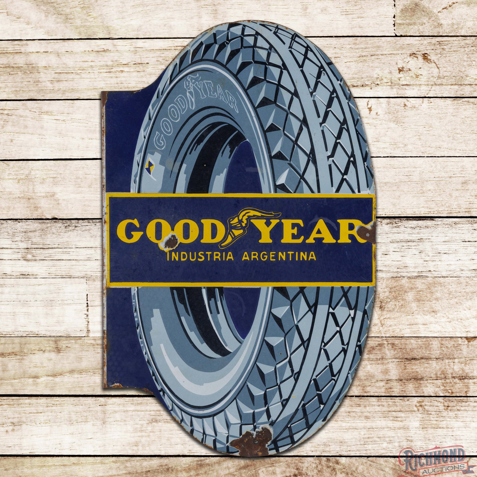 Good Year Tires Die Cut DSP Flange Sign: DSP die cut flange has very good color and gloss. Side #1 has light wear with discoloration in the "Goodyear" lettering. The perimeter has chips with oxidation and a non-factory hole on the left hand 