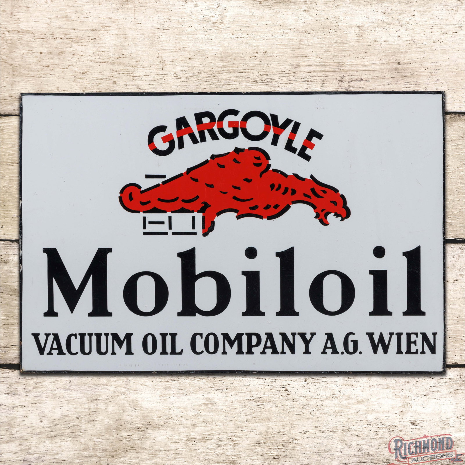 Gargoyle Mobiloil Vacuum Oil Company A.G. Wien DSP Flange Sign: DSP flange has excellent color and gloss. Side #1 has a clean field with minor crazing to the left of the "G" in Gargoyle. The perimeter has tiny chips with light wear along the edges. The reverse is 