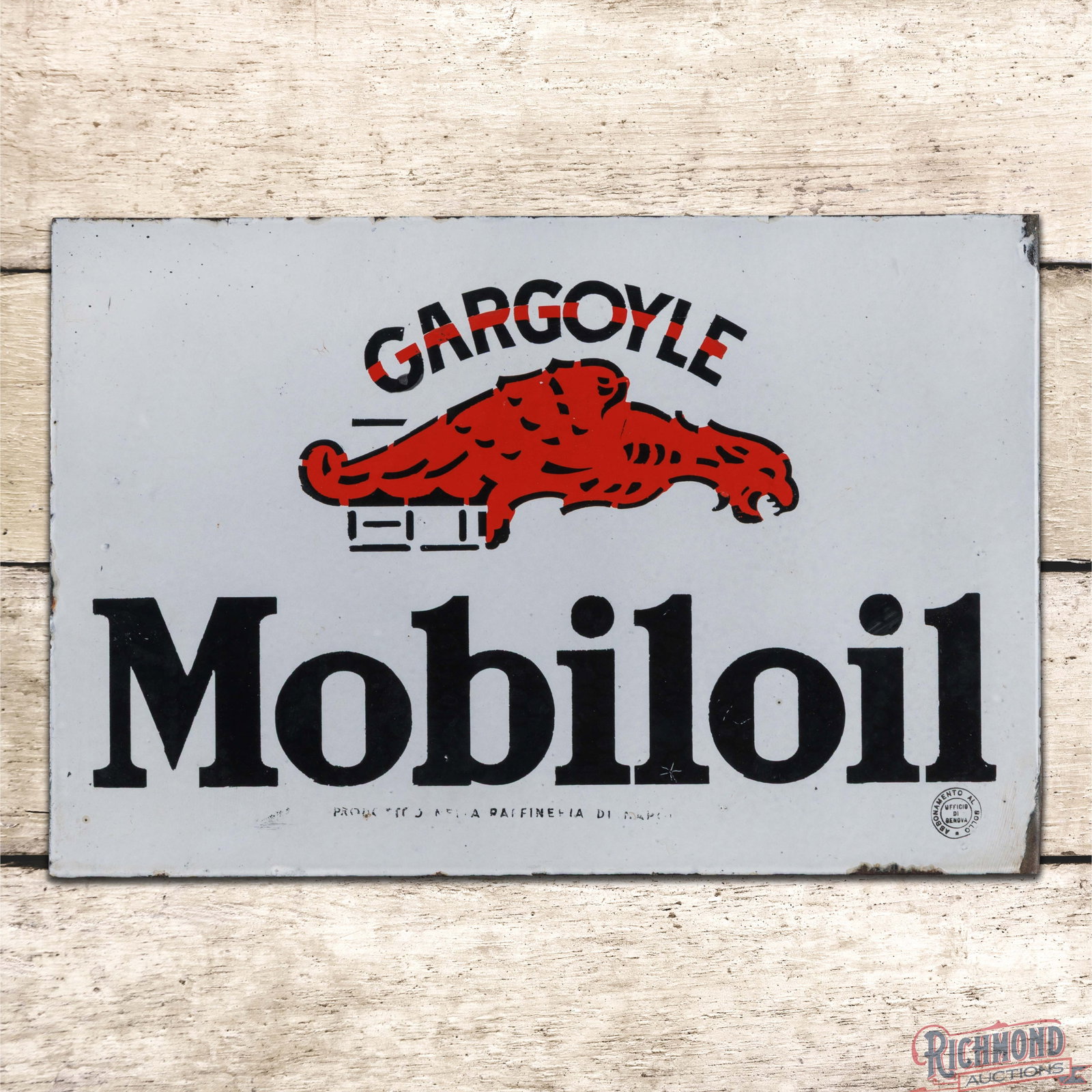 Gargoyle Mobiloil DSP Flange Sign: DSP flange has very good color and gloss. Side #1 has light wear with factory blemishes, small bruises and tiny chips in the lower fields. The perimeter has chips with crazing and a minor bend on the 