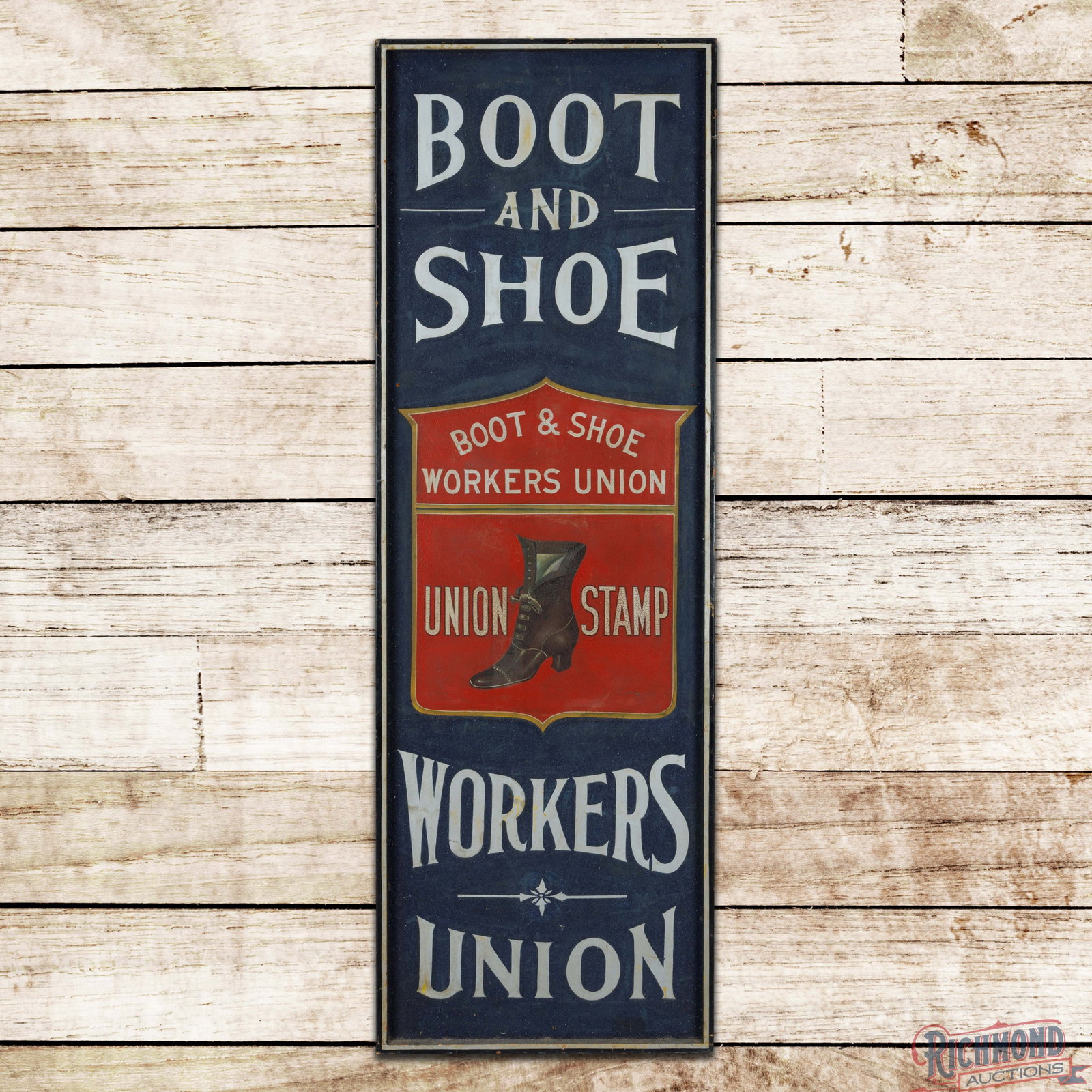 Boot and Shoe Workers Union 6' SS Smaltz Masonite Sign w/ Wooden Frame: Single sided smaltz painted masonite sign with the factory wooden frame has very good color and shine. The display has light wear with crackled paint in the logo, minor discoloration and errant paint 