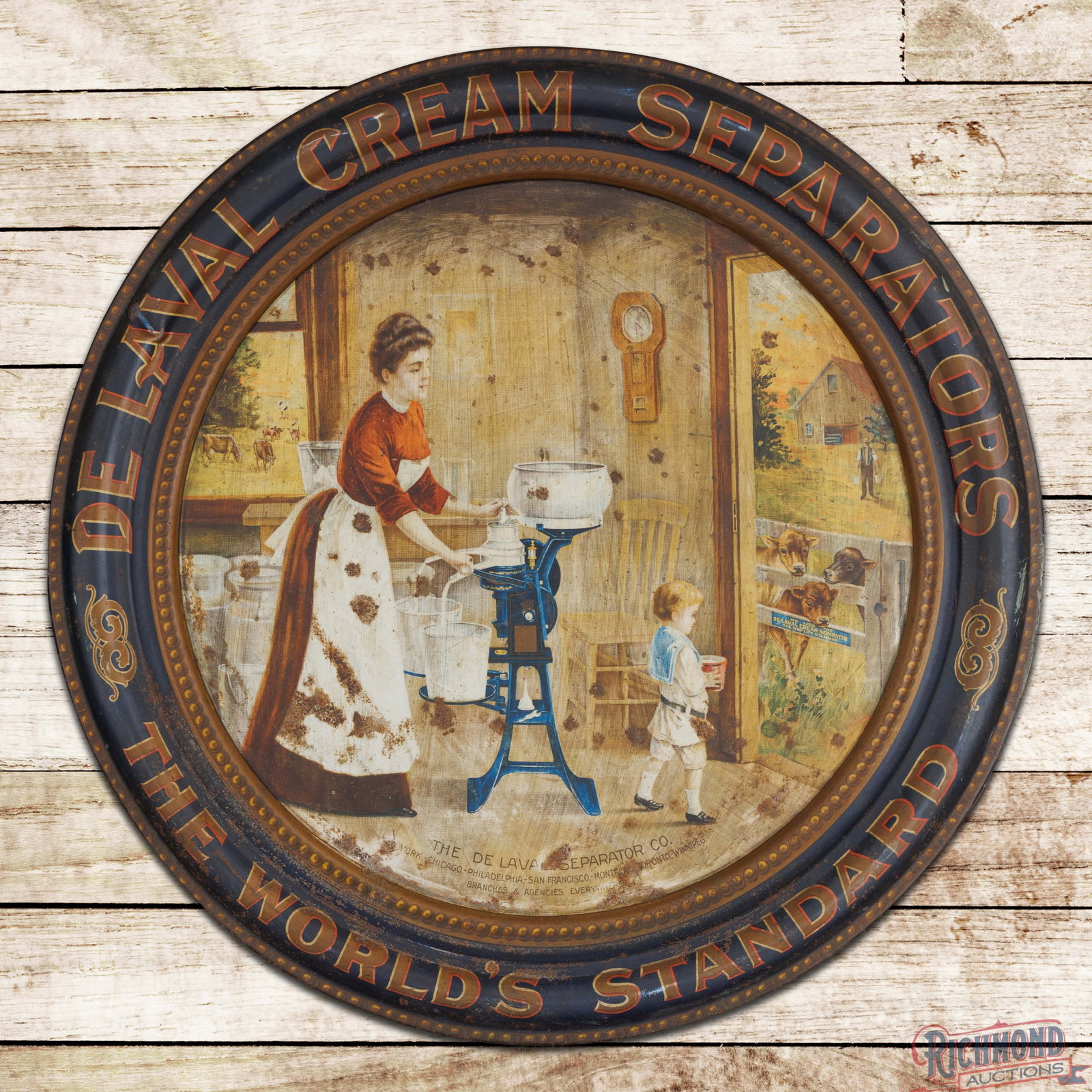 DeLaval Cream Separators World's Standard 26" SST Lithograph Sign: SST self-framed litho sign has good color and shine. The display has a wonderful graphic of a farm scene with a DeLaval cream separator in the center field. The display has surface wear with oxidation