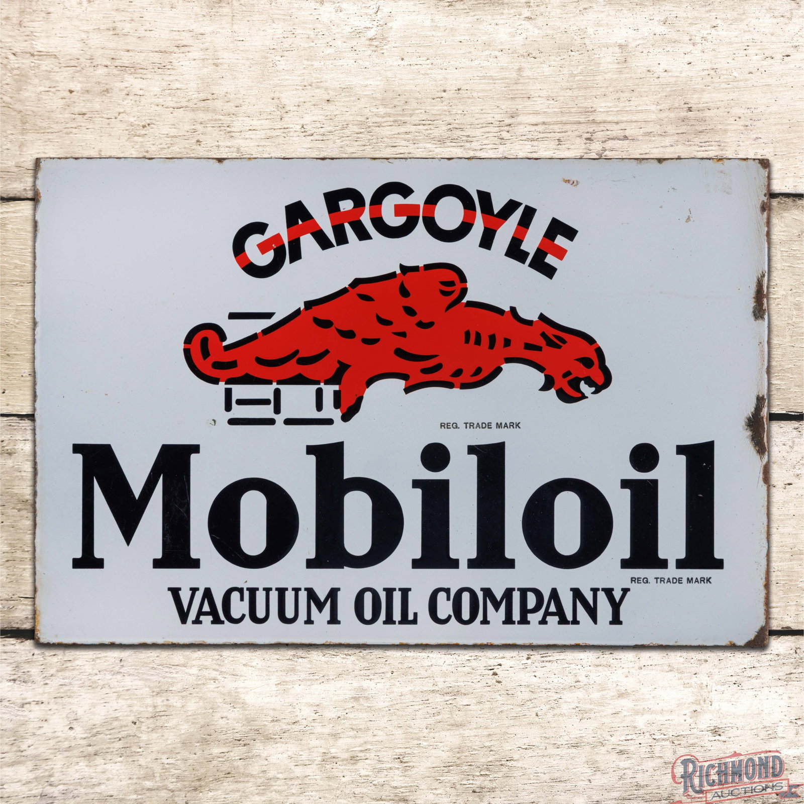 Gargoyle Mobiloil Vacuum Oil Company DSP Flange Sign: DSP flange has excellent color and gloss. Side #1 has light surface wear in the fields with chips along the edges and larger chips on the inner flange. The reverse is in a similar condition with a tin