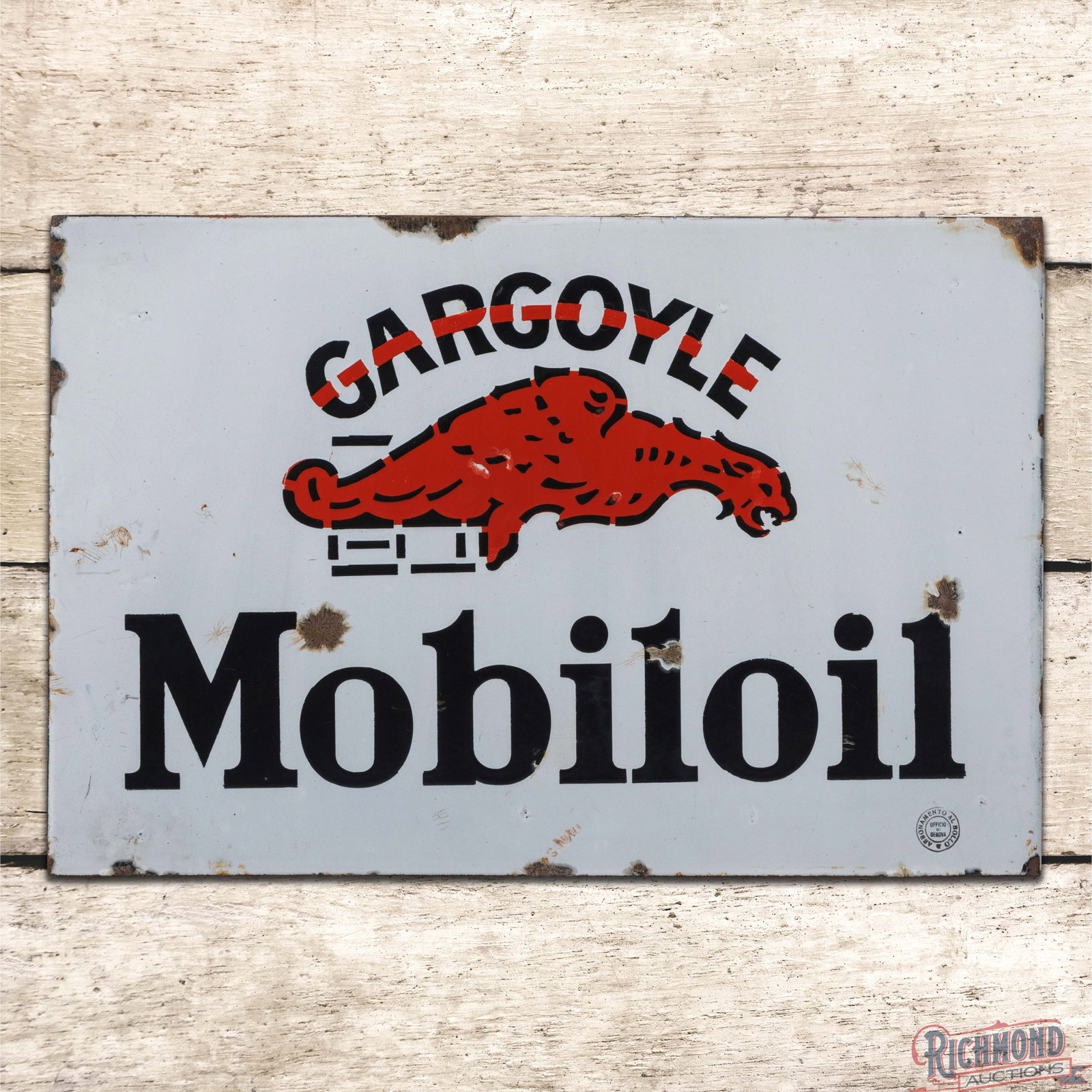Gargoyle Mobiloil DSP Flange Sign: DSP flange has very good color and gloss. Side #1 has small flakes in the gargoyle image with areas of surface wear and chips in the fields. The outer fields and perimeter have crazing with chips and 