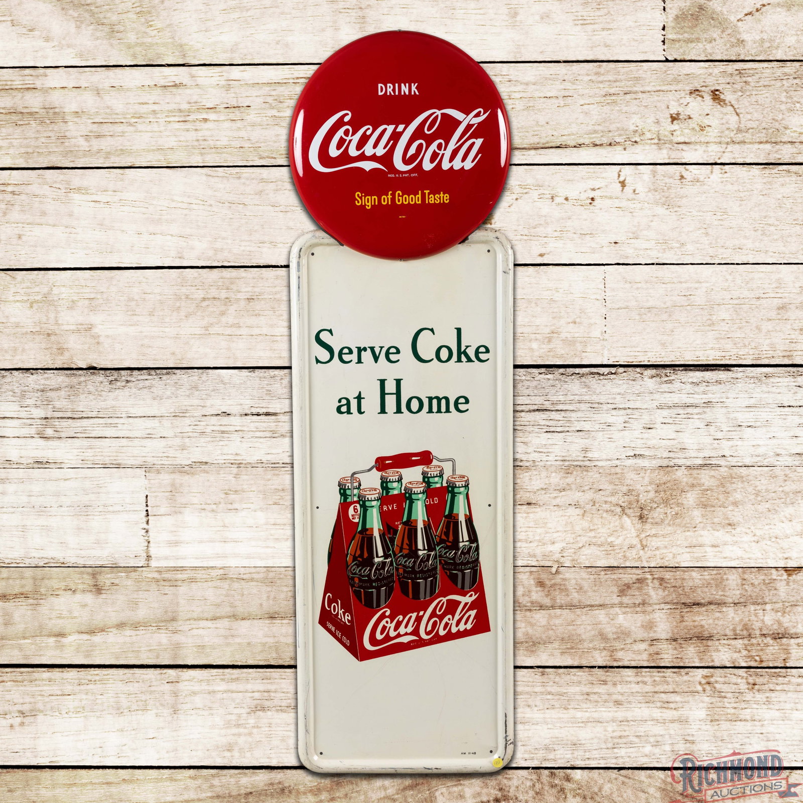 1948 Drink Coca Cola "Sign of Good Taste" Serve Coke at Home SST Pilaster Sign w/ Six Pack: SST self-framed pilaster sign with a button has very good color and shine. The pilaster has marks and fine scratches in the fields. The perimeter has heavier surface wear with paint loss and minor ben