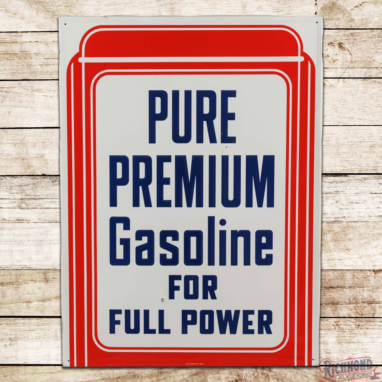 Pure Premium Gasoline for Full Power 4' Emb. SST Sign: SST embossed self-framed sign with the factory wooden support frame has excellent color and shine. The field has marks with light wear in the "Pure" lettering and a small ding with a paint chip in the