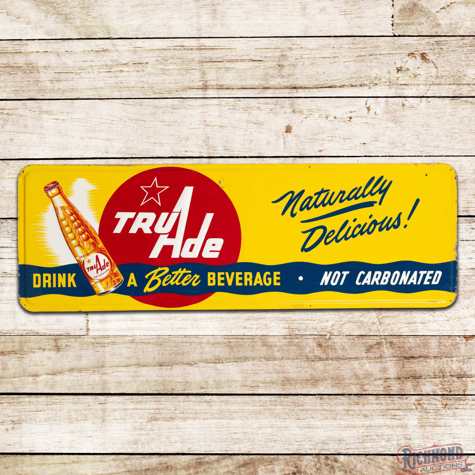 1951 Tru Ade Drink a Better Beverage "Naturally Delicious!" 4.5' Emb. SST Sign w/ Bottle (1 of 3)