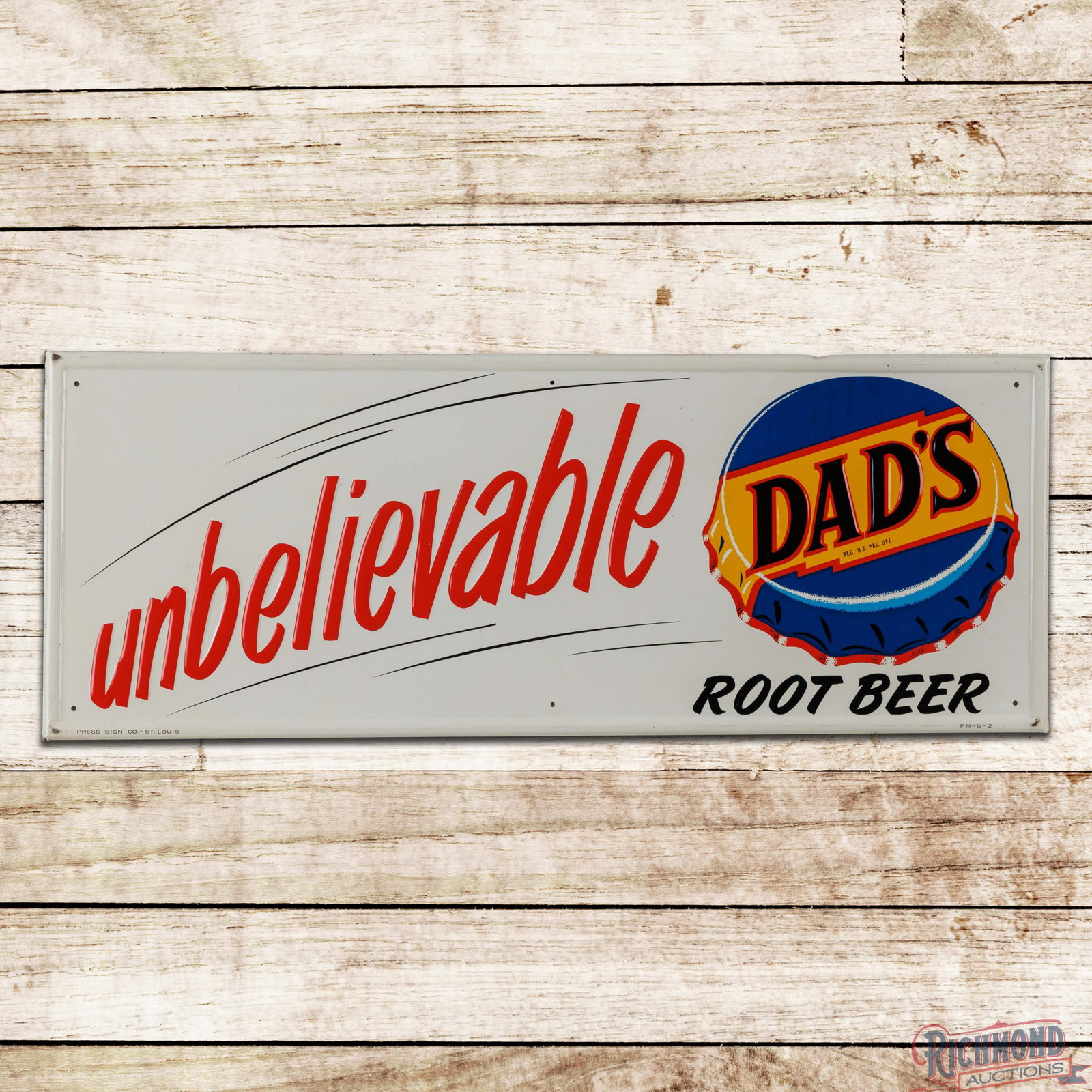 Unbelievable Dad's Root Beer Emb. SST Sign w/ Bottlecap: SST embossed self-framed sign has excellent color and shine. The field is clean. The perimeter has minor bends and small paint chips to the self-framed edges. Marked Press Sign Co., St. Louis PM - U -