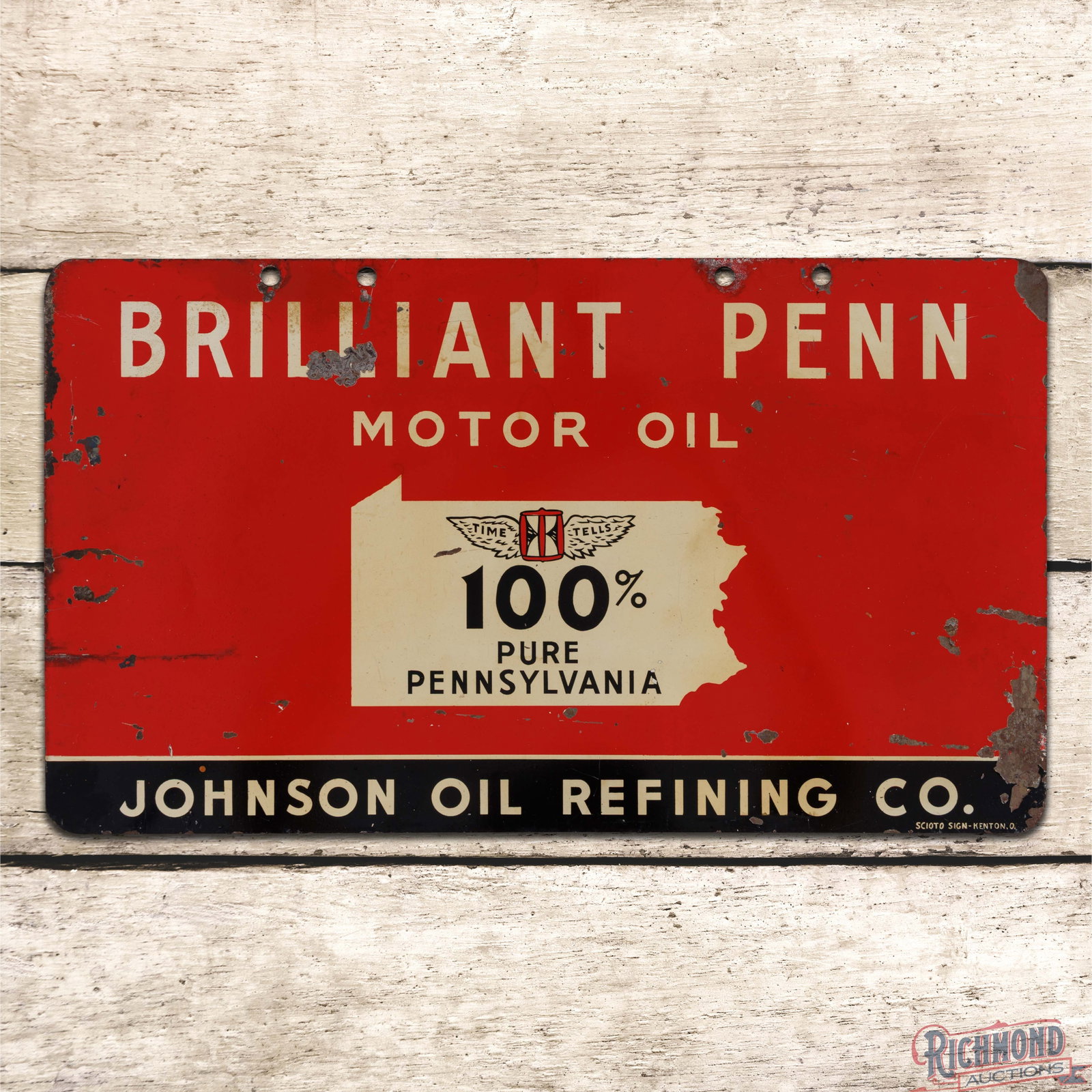 Johnson Brilliant Penn Motor Oil DST Sign w/ Logo: DST sign has very good color and shine. The display has wear with paint chips in the fields and outer edges. The reverse has larger areas of paint loss in the fields. Marked Scioto Sign - Kenton, O. 1