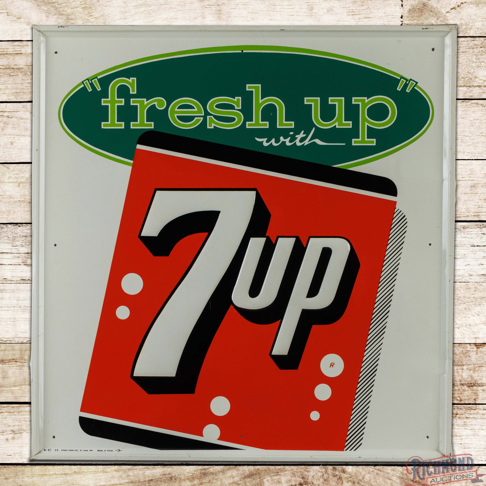 1961 "Fresh Up" with 7up Emb. SST Sign w/ Logo: SST embossed self-framed sign has excellent color and shine. The field is very clean overall with light surface wear and tiny indentations. The perimeter has light wear with bends and paint chips to t