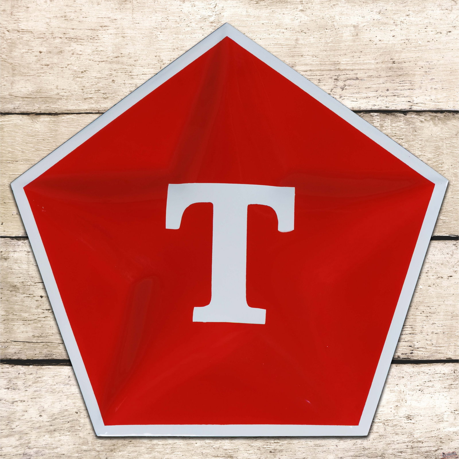 Rare 1959 Texaco Gasoline Motor Oils SSP Convex Pentagon Test Sign: Outstanding SSP die-cut pentagon-shaped convex sign has day one color and gloss. The field and perimeter are clean. The reverse retains three factory mounting tabs and recessed lettering states "1959 