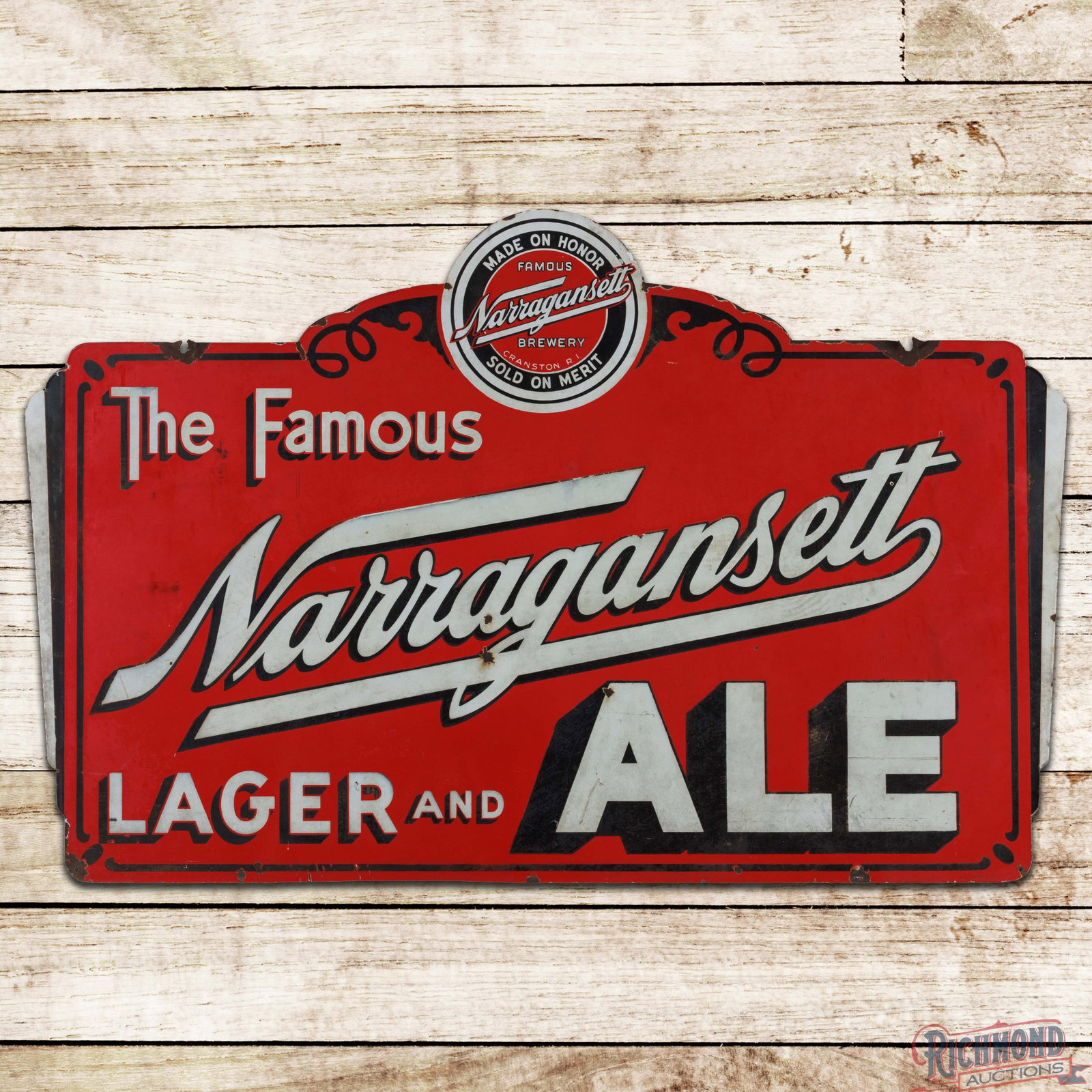 The Famous Narragansett Lager and Ale DSP Sign Cranston RI: DSP die cut sign has very good color and gloss. The display has chips with discoloration and errant paint drips in the right fields. The perimeter has chips along the edges with metal loss and minor b