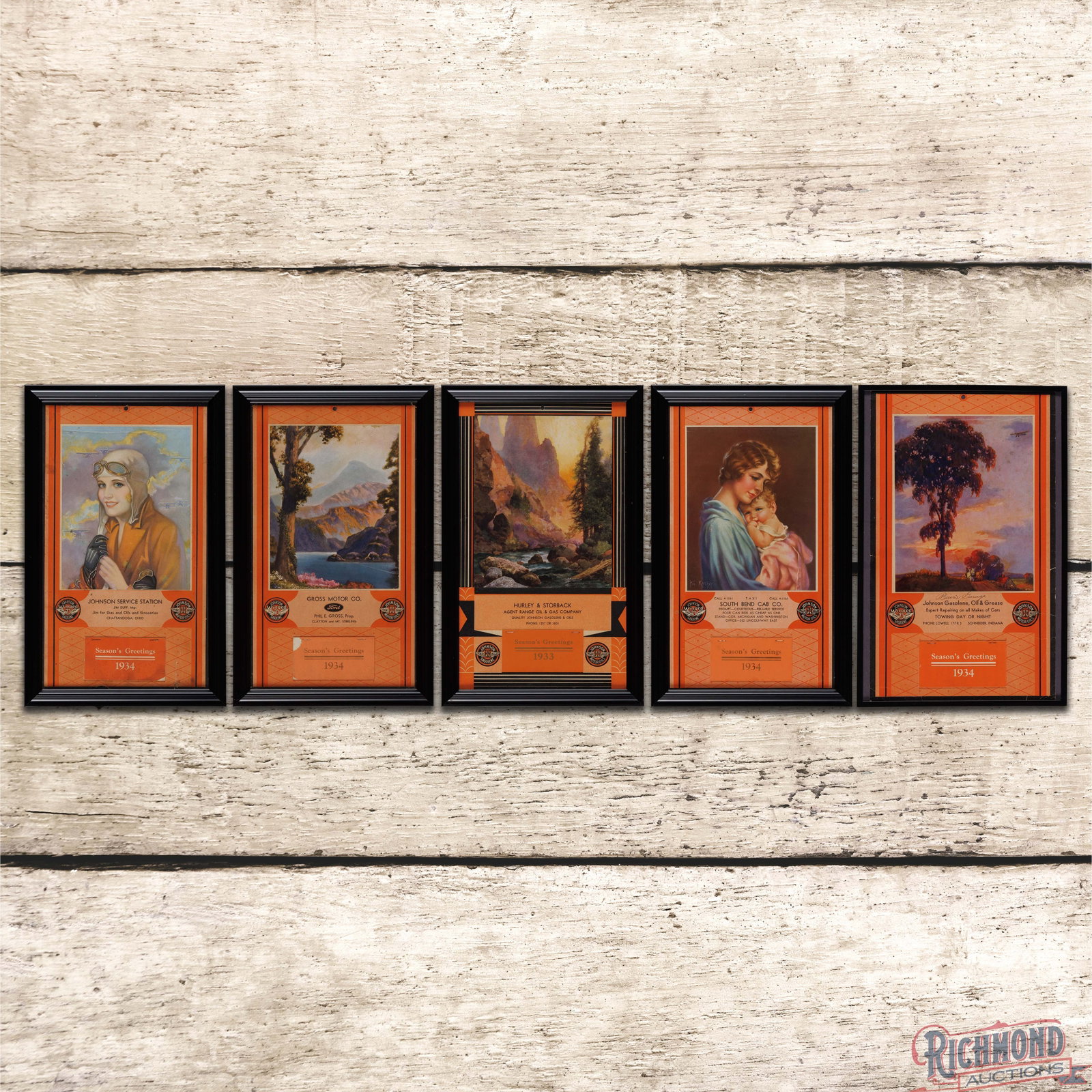 Group of 5 Framed Johnson Oils Advertising Calendar Signs (1 of 3)