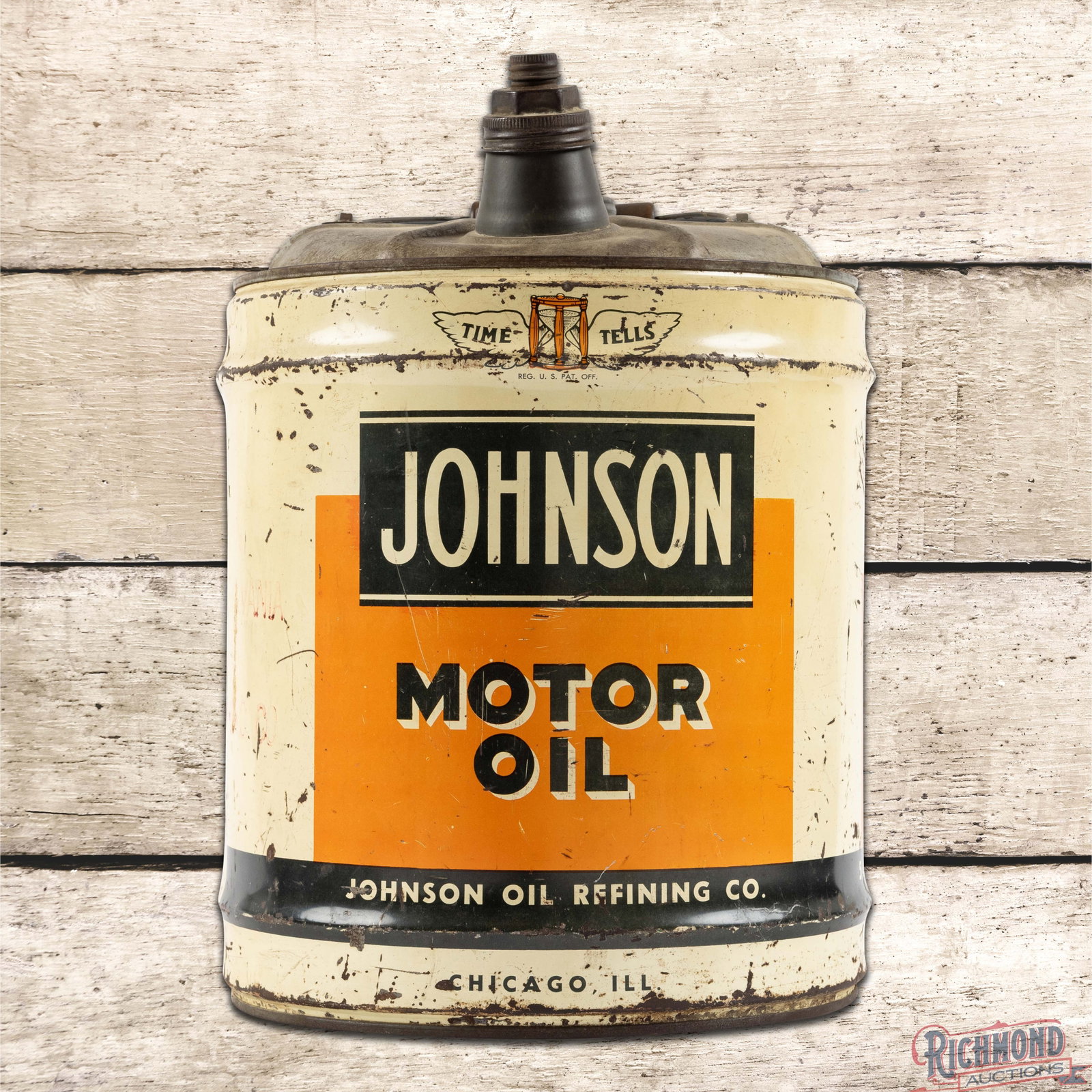 Johnson Oil Refining Co Empty 5 Gallon Metal Motor Oil Can w/ Logo: Empty five gallon metal can with the original handle and caps has good color and shine. Side #1 has scratches with areas of paint loss and wear. The reverse is in a similar condition. Overall a seldom