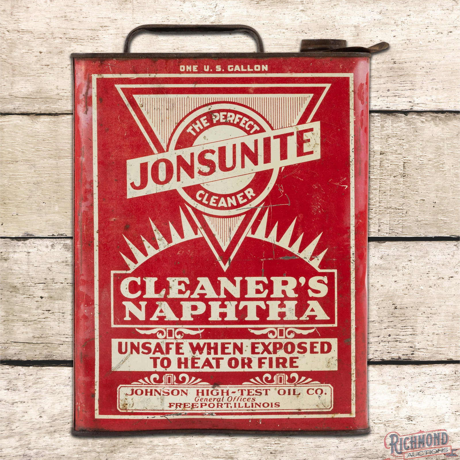 Johnson Oil Co. Jonsunite Empty Metal 1 Gallon Can: Empty metal one gallon can with the original handle and cap has good color. Side #1 has slight fading with fine scratches and paint chips. The reverse has additional wear and fading with a dent on the