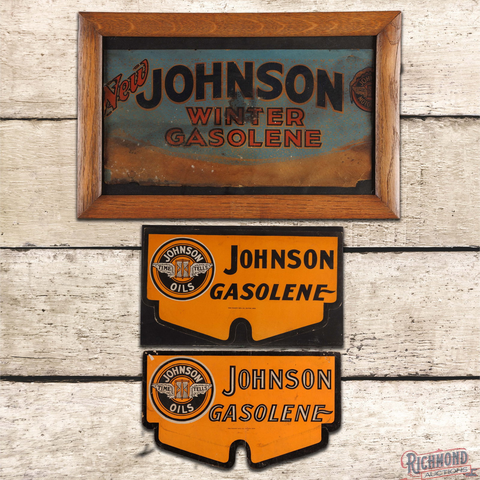 Group of 3 Johnson Oils Gasoline Cardboard Winter Front Signs: Group of three cardboard winterfronts includes a framed New Johnson Winter Gasolene and two Johnson Gasolene winterfronts. The framed "New" Johnson winternfront has general wear with discoloration and