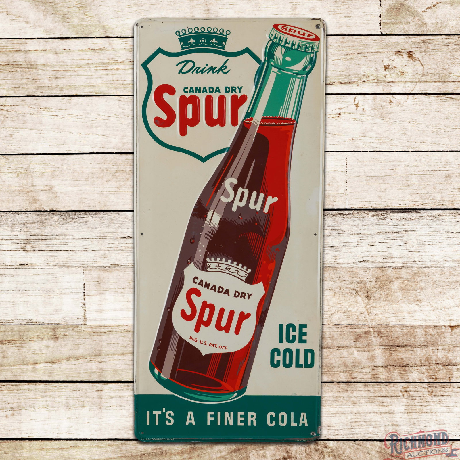 1947 Drink Canada Dry Spur Ice Cold "It's a Finer Cola" Emb. SST Sign w/ Bottle (1 of 3)