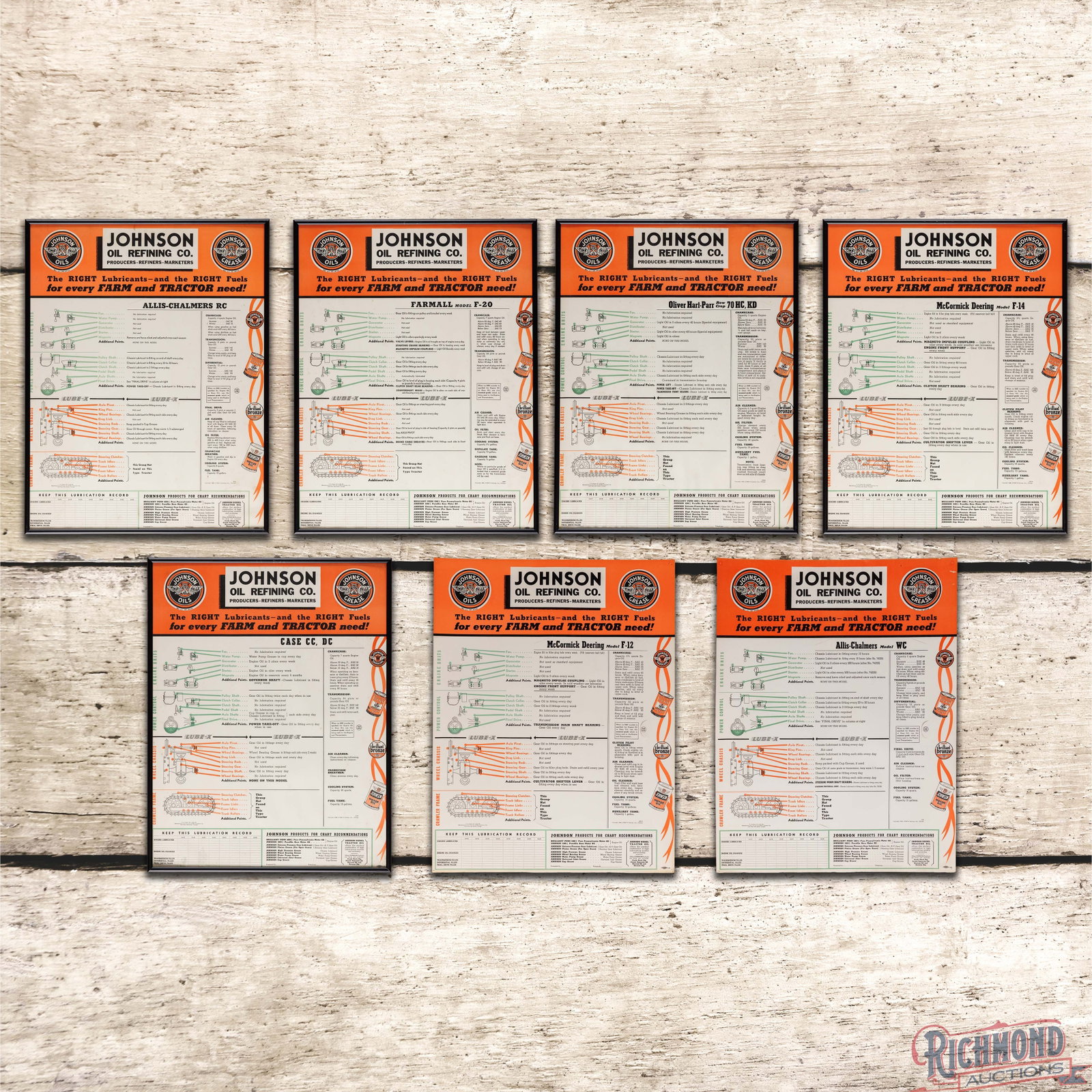 Group of 7 Johnson Oil Refining Co. Farm and Tractor Chart Advertising Posters: Group of seven Johnson Oils farm and tractor lubrication charts. Five of the seven charts have been framed. The group includes charts for Allis-Chalmers, McCormick-Deering, Farmall, Oliver Hart-Parr, 