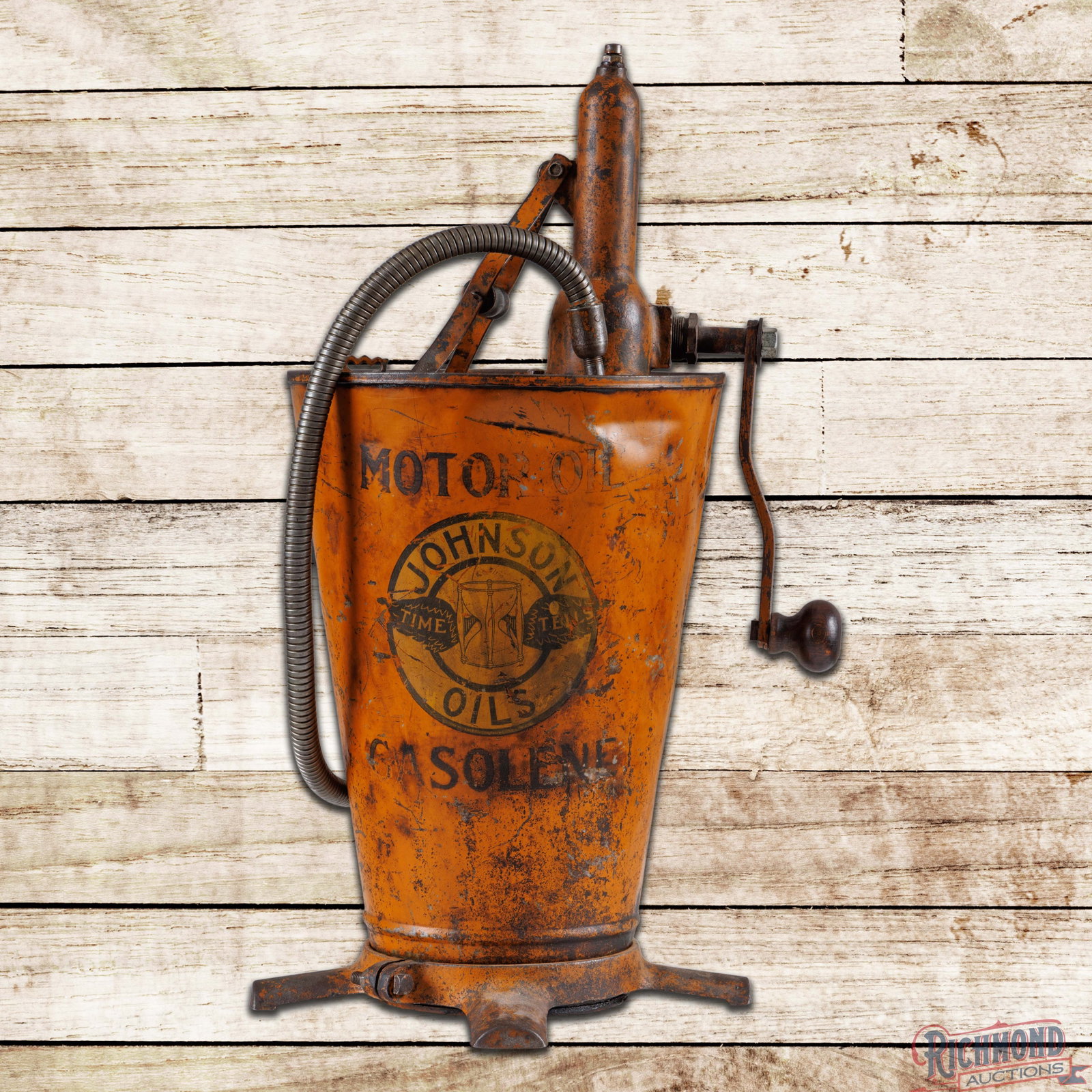 Johnson Oils Service Station Greaser w/ Time Tells Logo: Johnson Oil and Refining service station greaser. The piece retains the original paint with a highly detailed logo in the center field. The paint has general age-related wear and the original wooden h