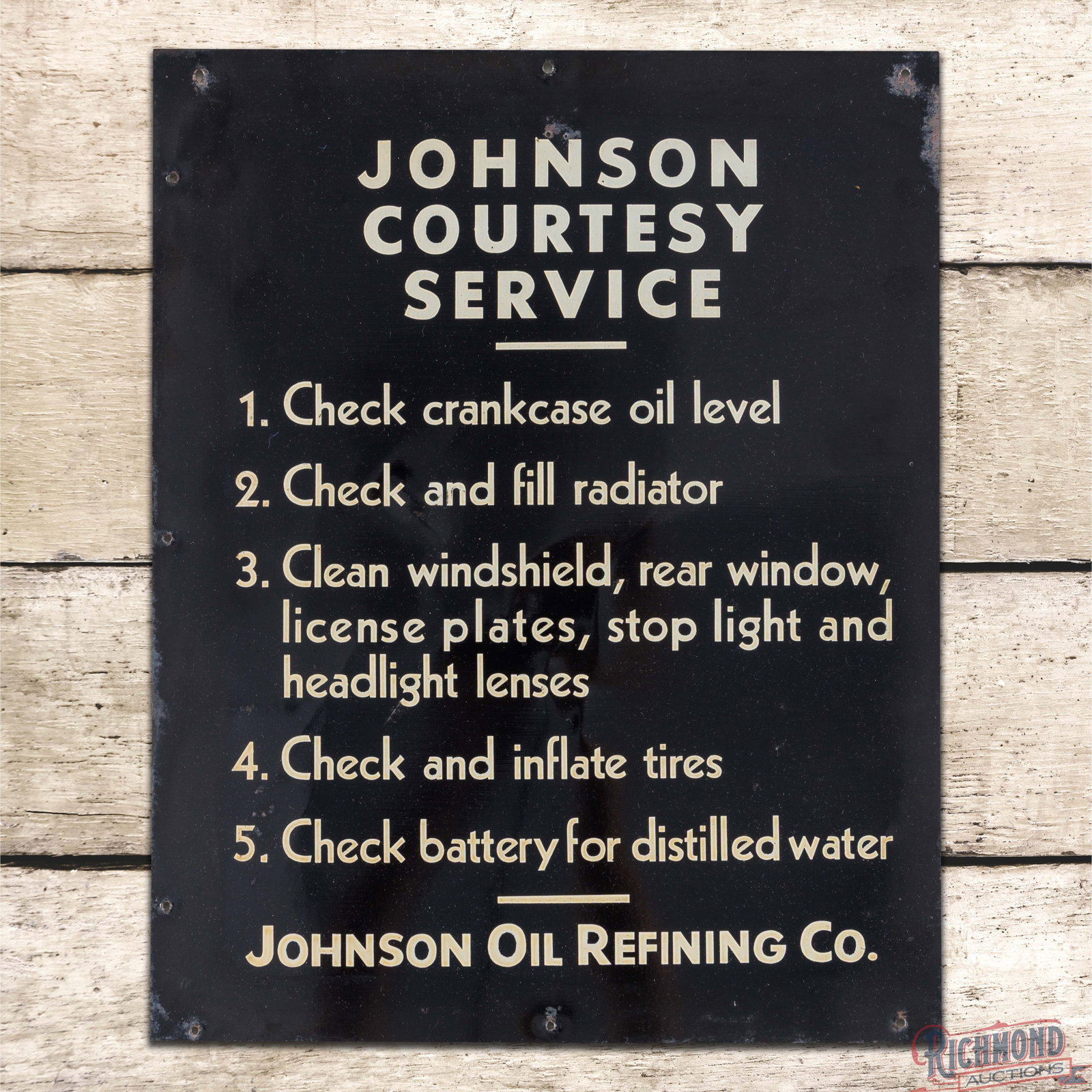 Johnson Oil Refining Courtesy Service SST Station Sign: SST sign has very good color and shine. The field has light wear, small bends, minor oxidation and a paint chip in the upper outer field. The perimeter has added mounting holes with small areas of pai