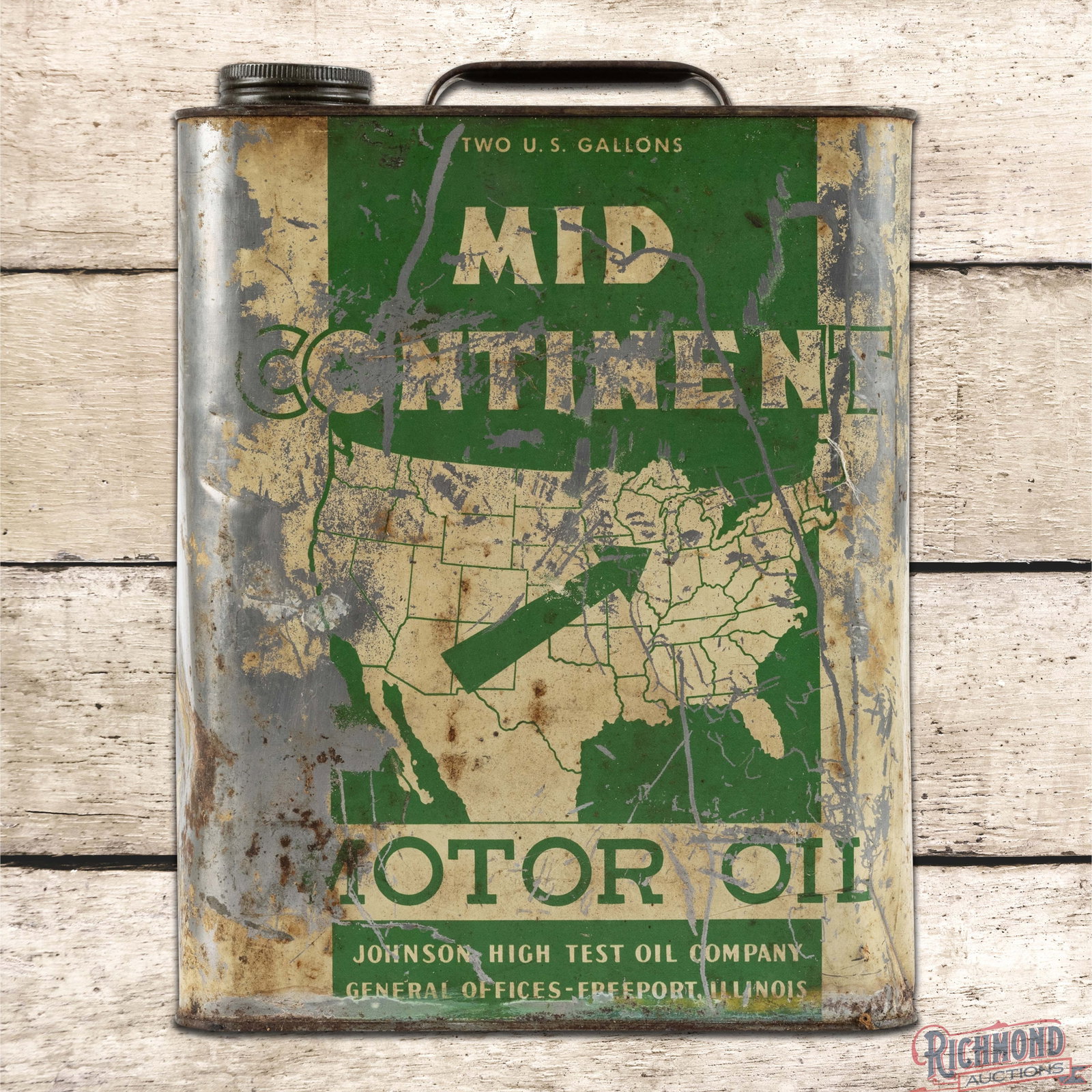 Scarce Johnson Mid Continent Motor Oil 2 Gallon Metal Can: Empty metal can with the original cap and handle has moderate color and shine. The can features a large graphic of the United States in the field. The can exhibits general wear throughout with paint l