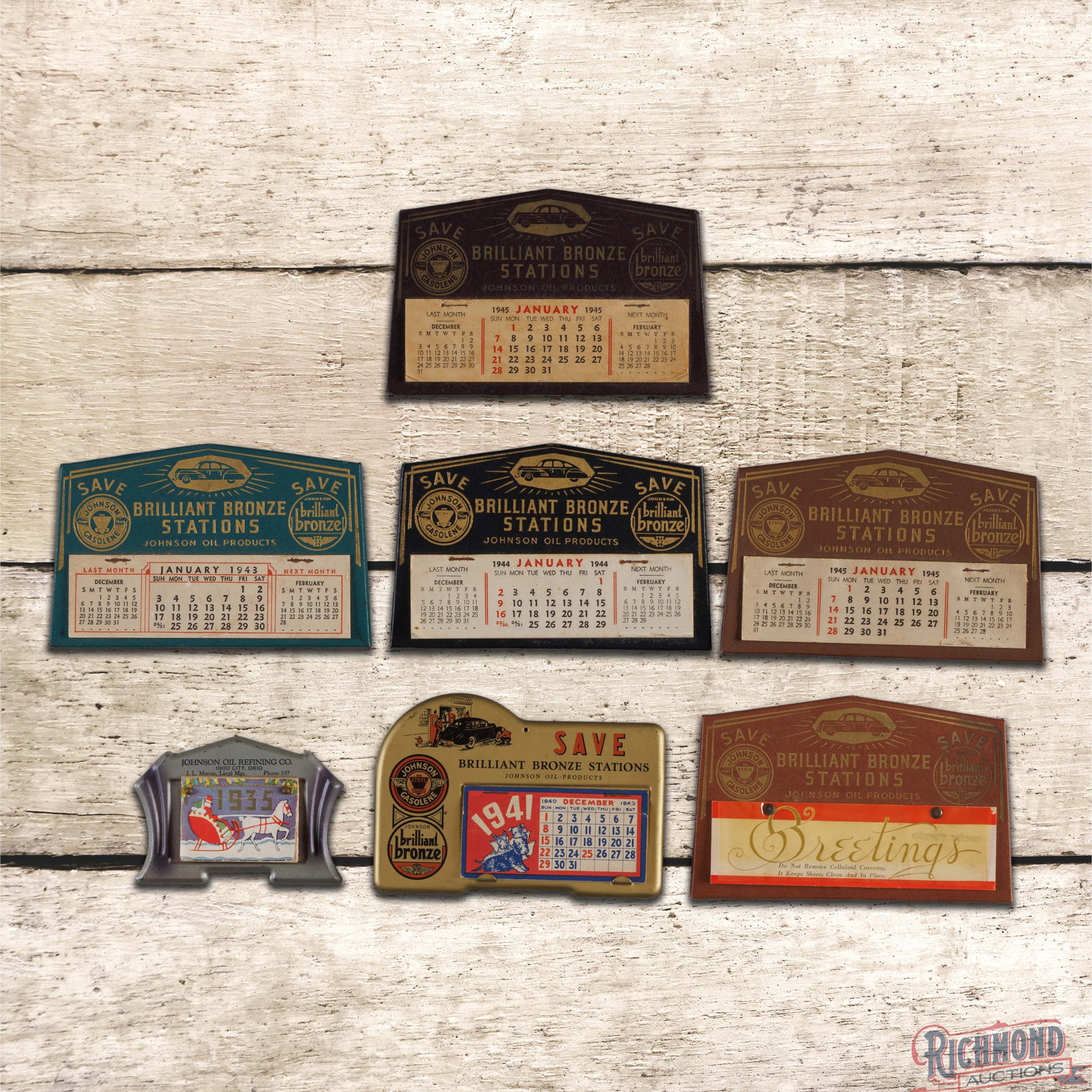 Group of 7 Johnson Brilliant Bronze Desktop Calendars 1930s & 1940s (1 of 3)