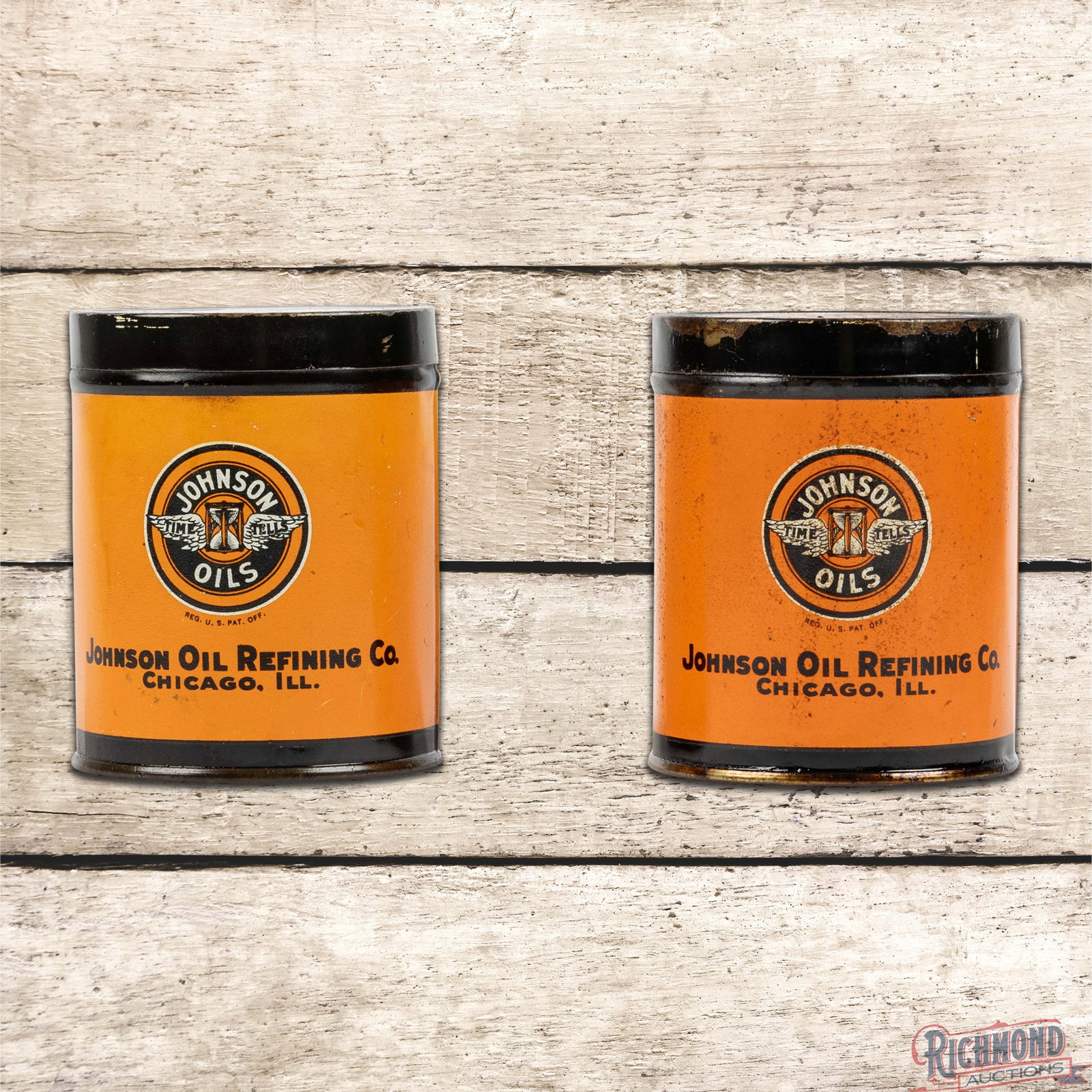 Group of 2 Johnson Oils 1 Pound Metal Grease Cans w/ "Time Tells" Logo: Pair of metal Johnson 1-pound grease cans have very good color. One can is empty and the other has product inside. The full can has light wear throughout with paint chips on the lid, discoloration in 