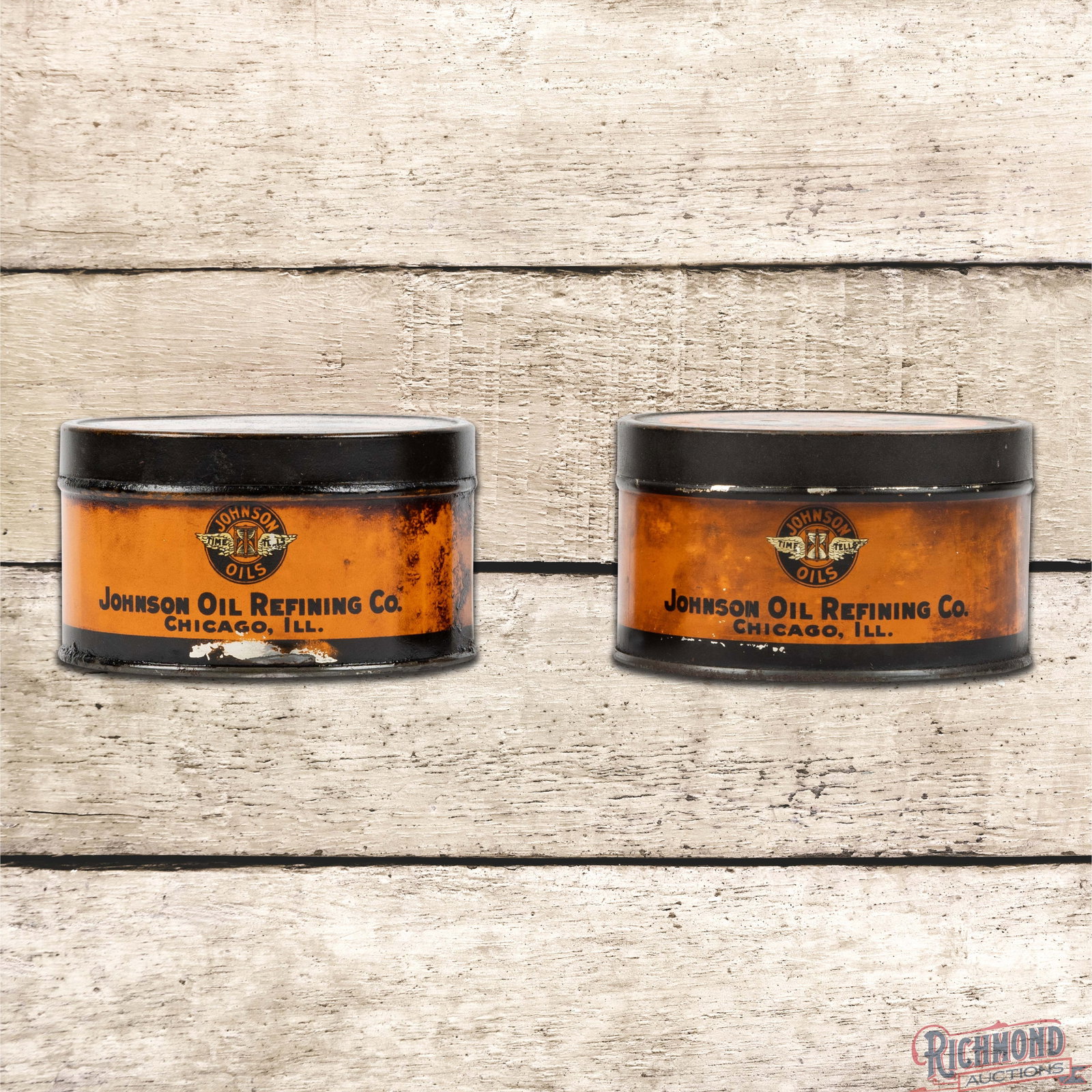 Group of 2 Johnson Oils 1 Pound Metal Grease Cans w/ "Time Tells" Logo: Pair of metal one pound grease cans have good color and shine. Can #1 is empty with the original lid. The lid has light wear and the lower can portion has discoloration with small paint chips and mino