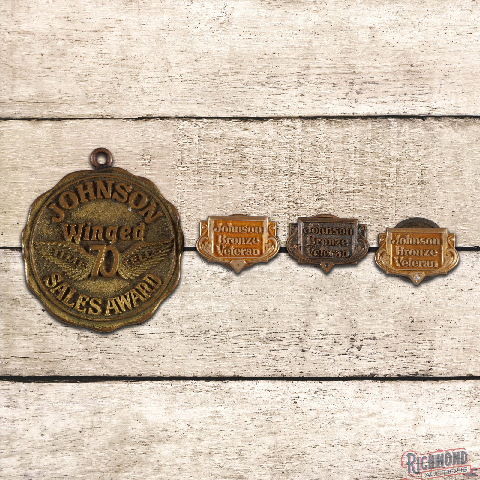 Group of Four Johnson Oils Pins Sales Award & Bronze Veteran 10K Gold (1 of 2)
