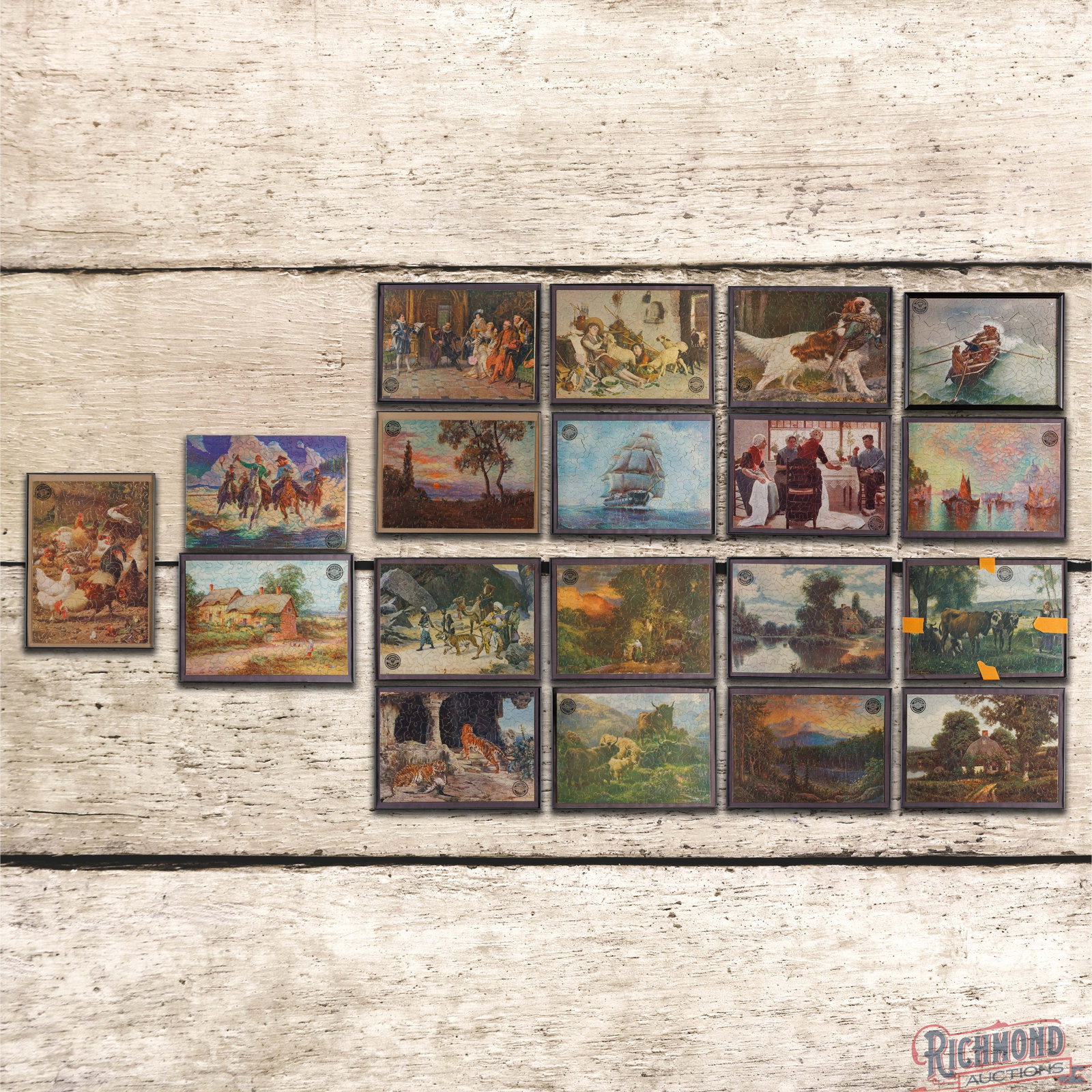 Group of 19 Johnson Oil Refining Co. Service Station Puzzles: Group of 19 Johnson service station puzzles. 18 of the 19 puzzles have been framed. The puzzles are in very good condition and each features a Johnson logo. 11.25" H X 15" W. Condition: Original. All 