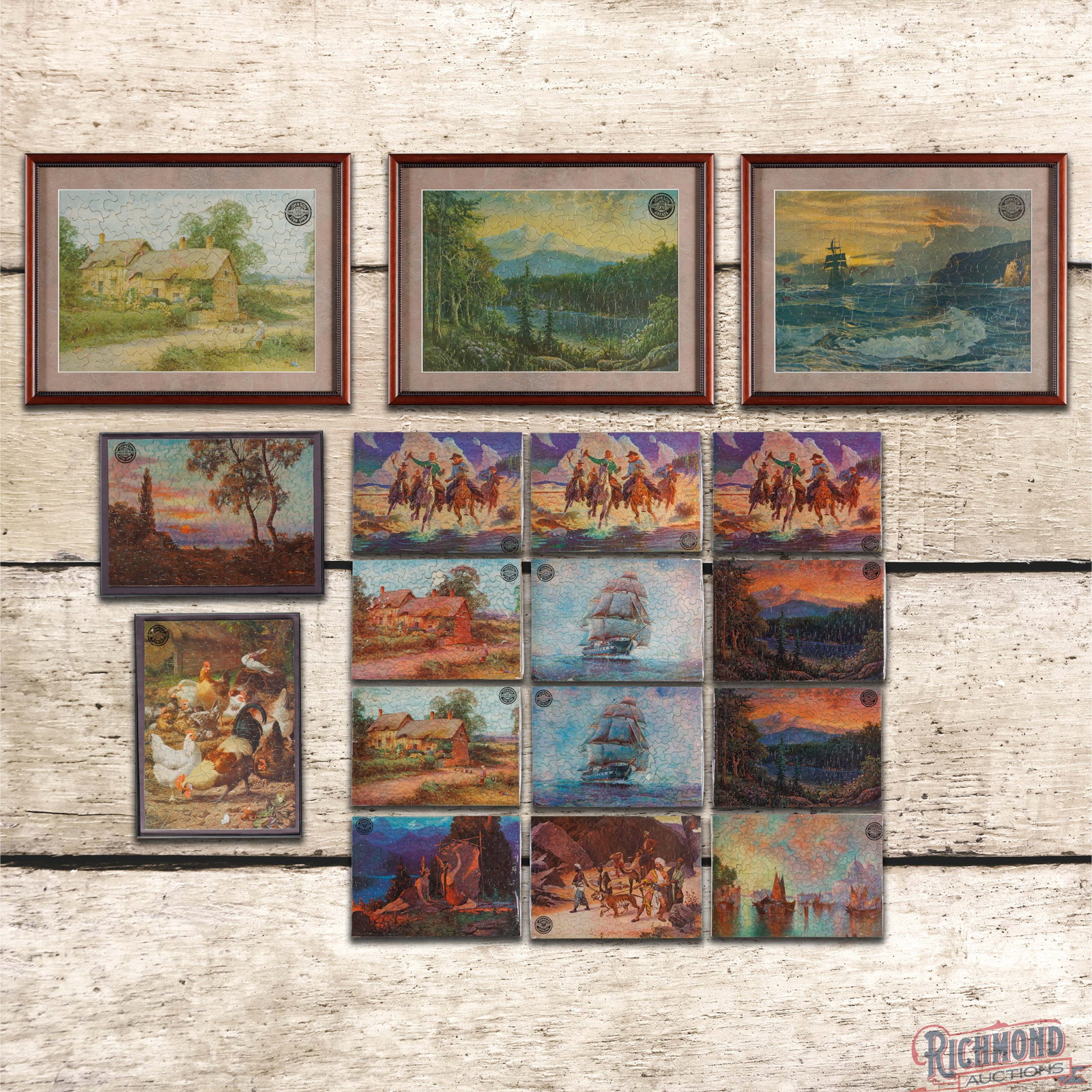 Group of 17 Johnson Oil Refining Co. Service Station Puzzles: Group of 17ohnson service station puzzles. Five of the seventeen puzzles have been framed. The puzzles are in very good condition and each features a Johnson logo. 13.5" H X 17.5" W. Condition: Origin