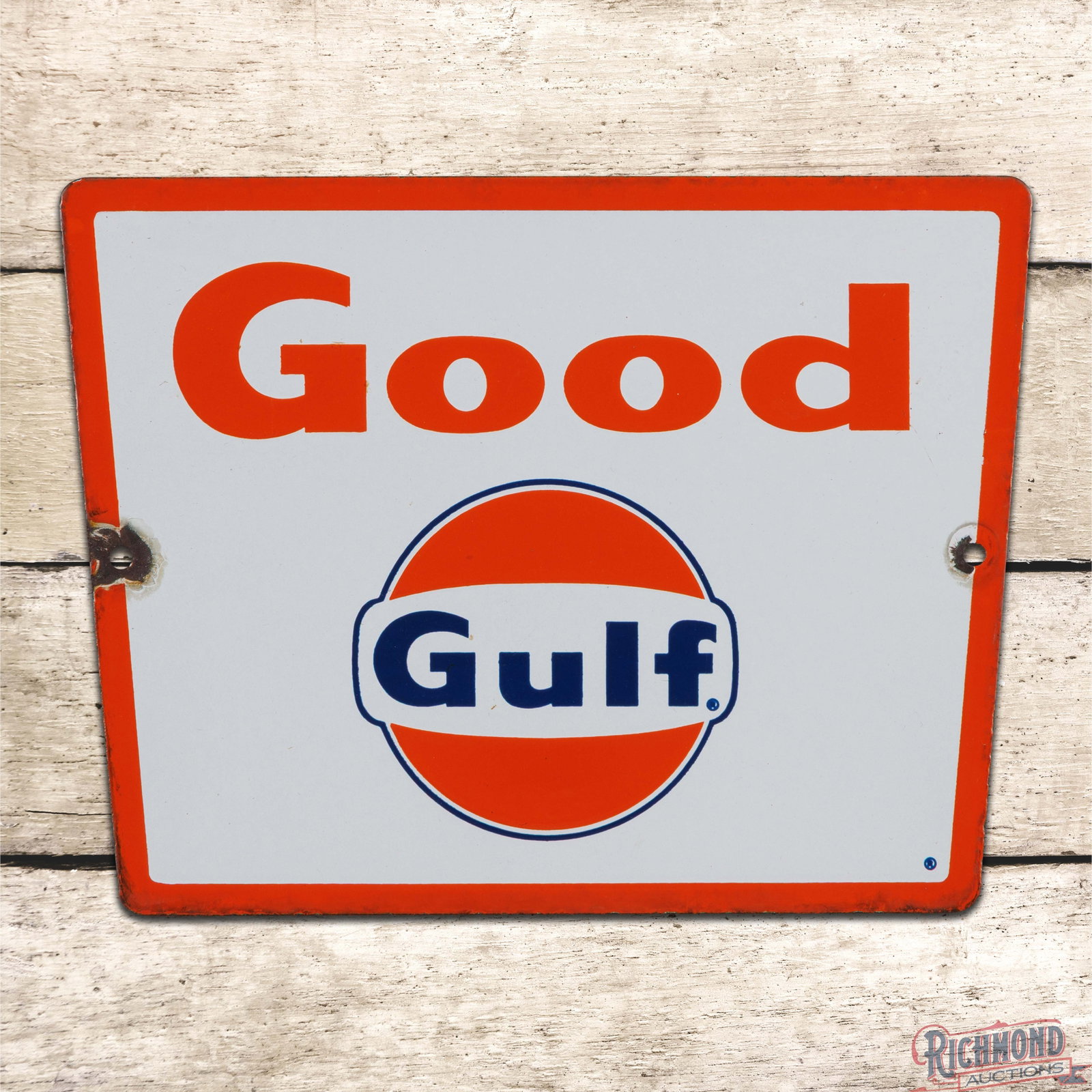 Good Gulf Gasoline SSP Pump Plate Sign w/ Logo: SSP pump plate has excellent color and gloss. The field has minor surface imperfections. The perimeter has chips at the mounting holes with slight discoloration along the outer edges. 8.5" H X 13.25" 