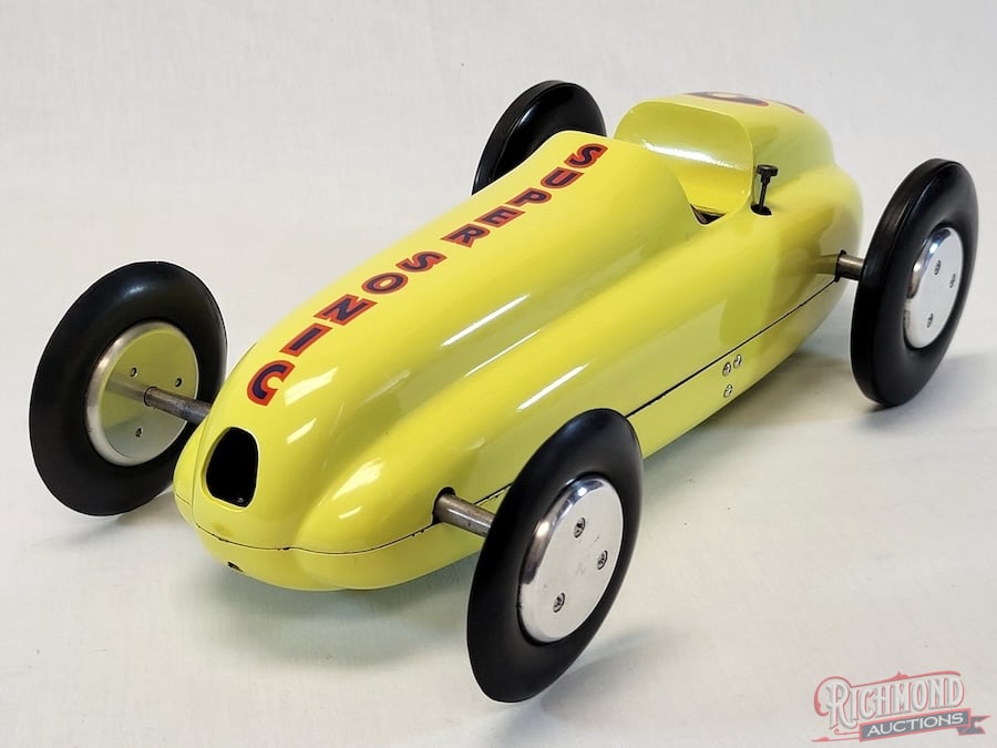 Super Sonic Tether Car by Gil Donaldson: Introduced in 1947 the Super Sonic Sleek ?low line? prototype car styled in contemporary Indy style car fashion. This is a rare example of a very complete car with original gas tank and all wired and