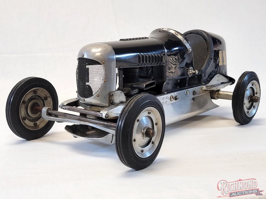 1939 B.B. Korn Meteor Tether Car: The B.B. Korn Specially Manufacturing Co. in Los Angeles, CA, offered its first commercial race car product, The Meteor. This is a very unique car featuring a hand hammered body by Zip Grandell.