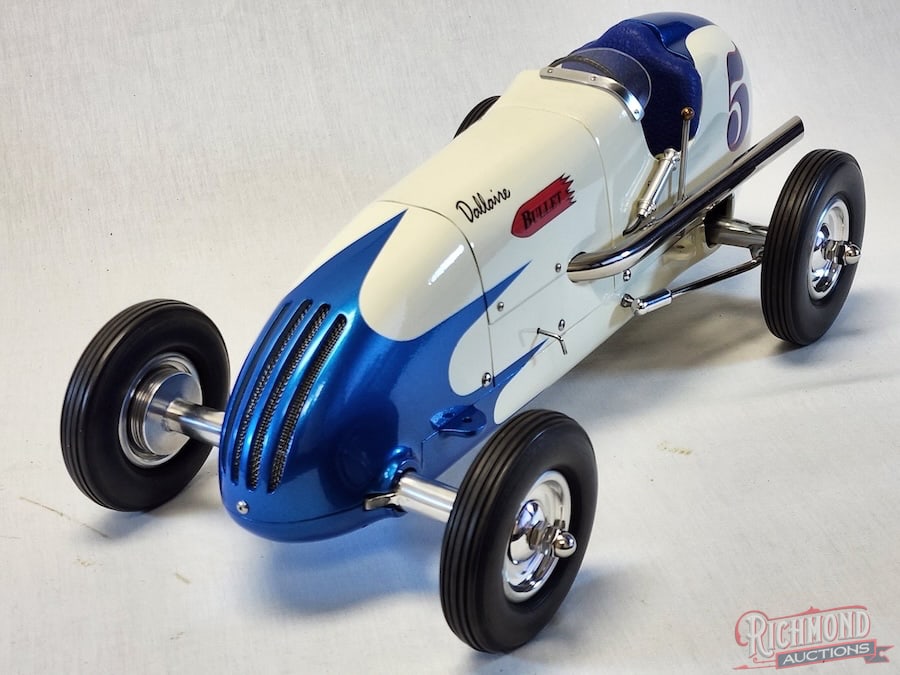 1940 Dallaire Bullet Tether Car: A beautiful contemporary example of the Dallaire Bullet. Powered by a rare Dennymite/Bird conversion. Pristine paint Tony Orlando with fine graphics. Custom dash, gauges, steering wheel, windshield,