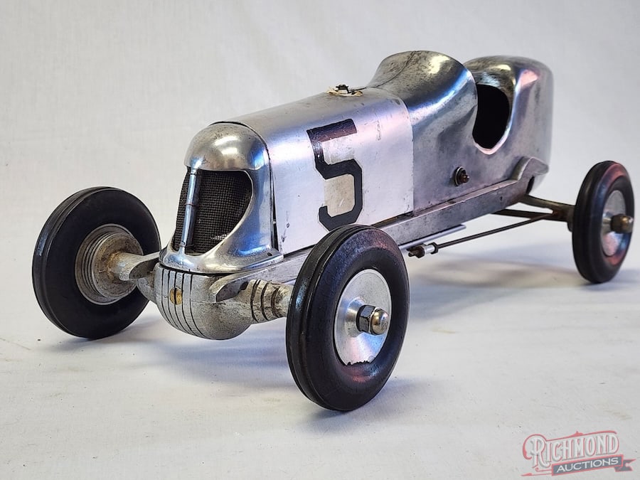 1939 Alexander Flat Tail Tether Car: Built by Colonel E. Alexander in Inglewood, California in the late 1930s. This car is all original with Spin-Tru wheels and tires. Powered by a Brown Jr. engine. This type of car is very rare. All