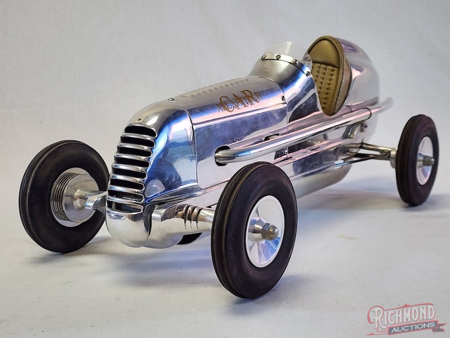 1939 Alexander Deluxe Tether Car: This Alexander Deluxe Indy Car was built by Jerry Bryant off original patterns. This highly polished are features a detailed cockpit, custom fabricated exhaust pipe and is powered by a prewar