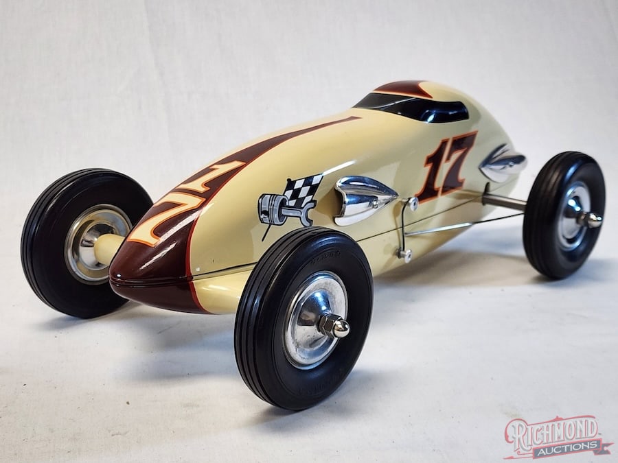 1940 Air Flow Tether Car: In 1940 Air Flow Industries of New York City introduced two cars, the Standard Defender and the Deluxe Air Flow. This is an original car stamped No. 27 in the nose, equipped with Gardner wheels and