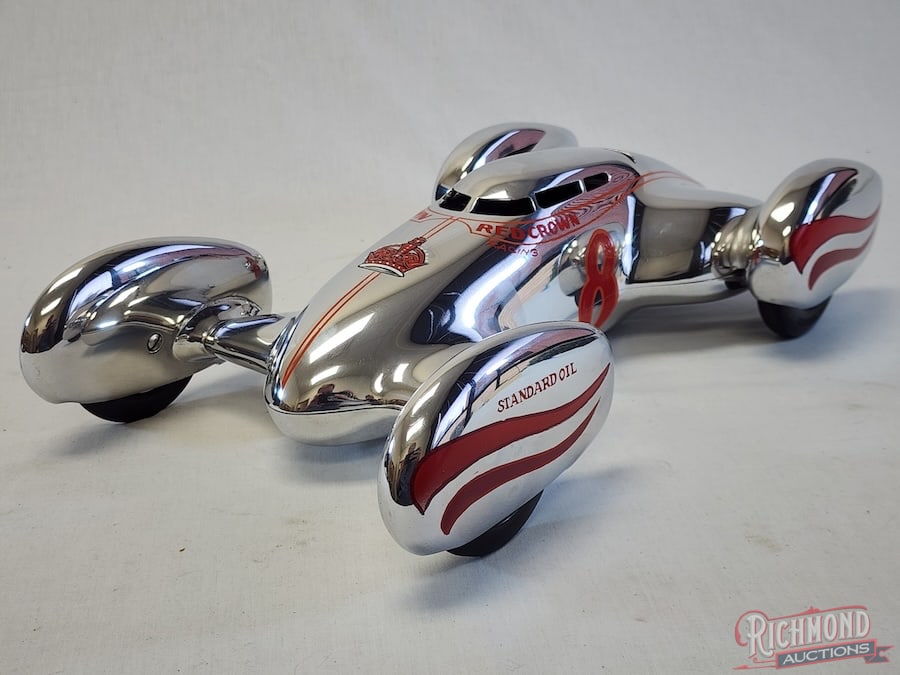 Dooling Frog Tether Car: Over the top interpretation of this example of the Dooling Frog. Custom wheel pants, front and rear cabin windows. Powered by a Super Cyke .60, it?s all wired with batteries and ready to go. Highly