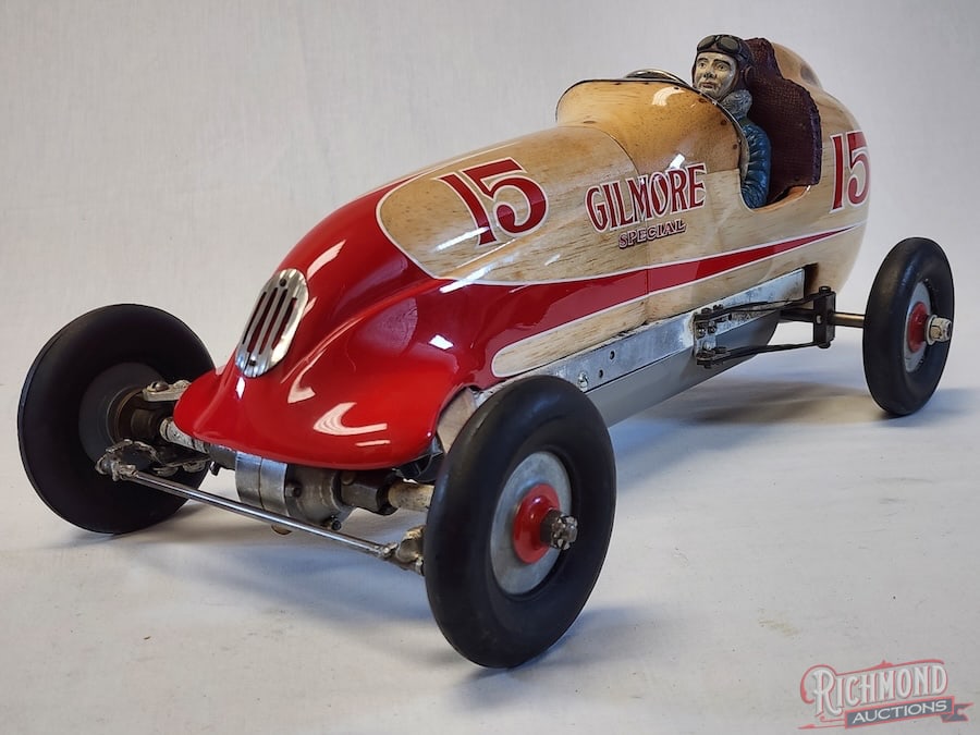 1939 Synchro Rocket Tether Car: The manufacturer, Synchro Devices out of Detroit, designed this car to accept the Synchro Ace Special engine with cone drive. This is a front wheel drive car with quarter elliptical springs and steera