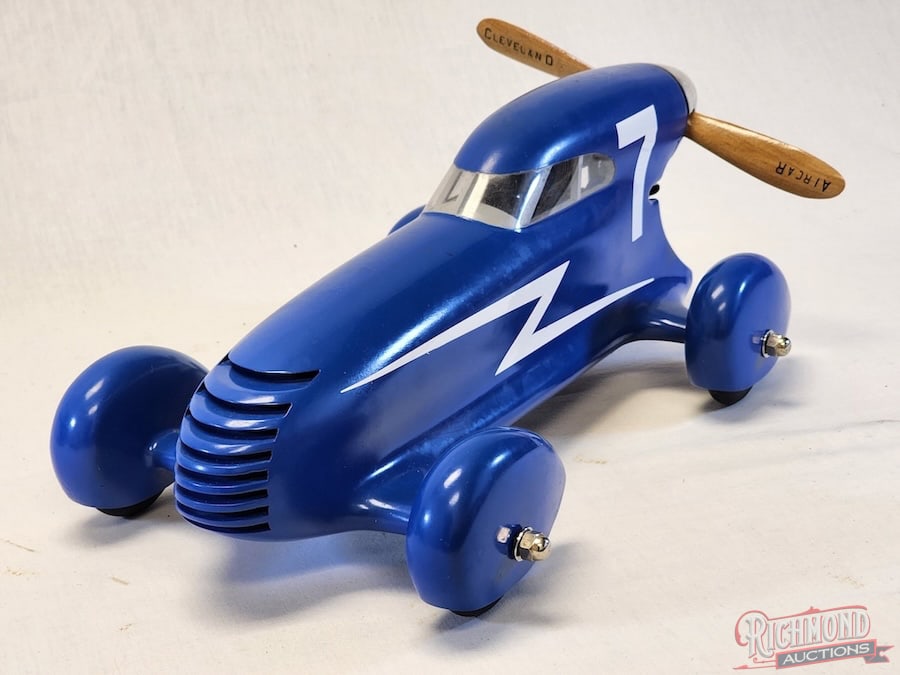 1941 Cleveland Air Car Tether Car: Built from plans out of Balsa wood, the Cleveland Air Car represented a simple, inexpensive way to enter the tether car hobby. These cars are quite rare, not many survived the rigors of the parking