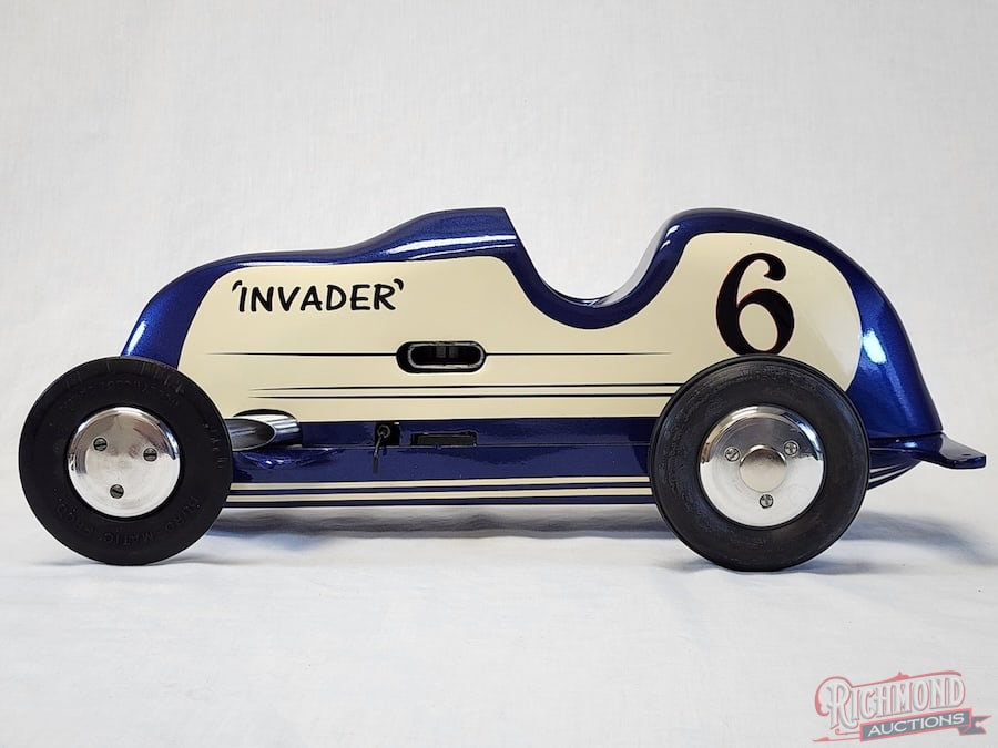 1947 McCoy Invader Tether Car: Produced in Jan/Feb 1947. Co-designed by Charlie Lamb and Dick McCoy for the Duro-Matic Brand. This all original example is completed restored with a beautiful paint job by Tony Orlando. Powered by a 