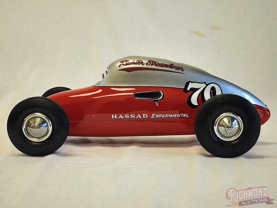 1940 Ritcher Streamliner Rail Tether Car: This very rare, all magnesium car was built by Roy Richter in 1940. Powered by a massive Hassad Shock engine and complete with battery, coil, condenser, fuel tank and electrical shutoff. Beautifully