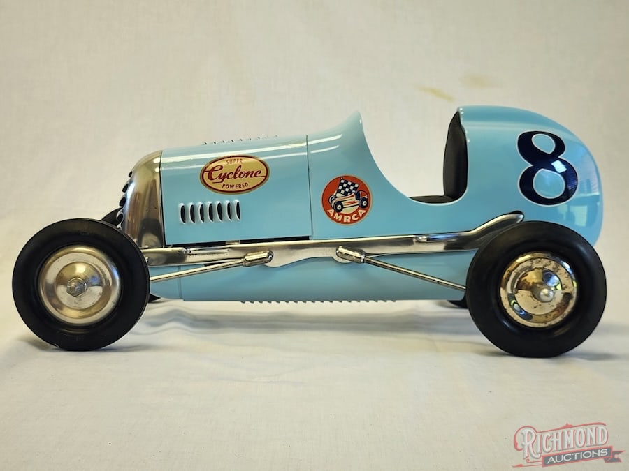 1940 Bremer Whirlwind Tether Car: Produced by the Bremer Whirlwind Aluminum Foundry of Milwaukee, Wisconsin in 1940. This is a fine example of an original Bremer. It is a non-powered car and has a replaced front axle. Nice paint with