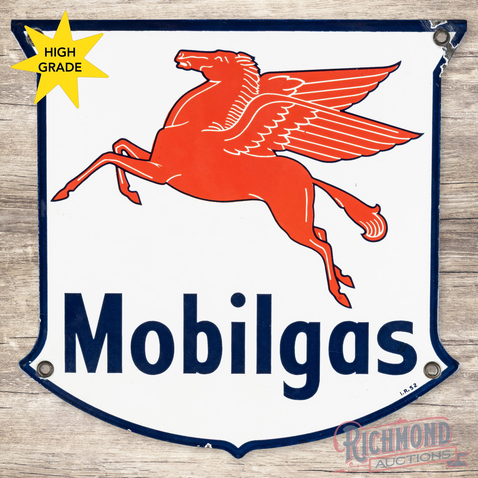 1952 Mobilgas Single Sided Porcelain Pump Plate Sign w/ Pegasus: SSP (single sided porcelain) pump plate has excellent color and gloss. The field is clean. The perimeter has chips at the upper right corner and the lower edges. All four factory grommets are present 