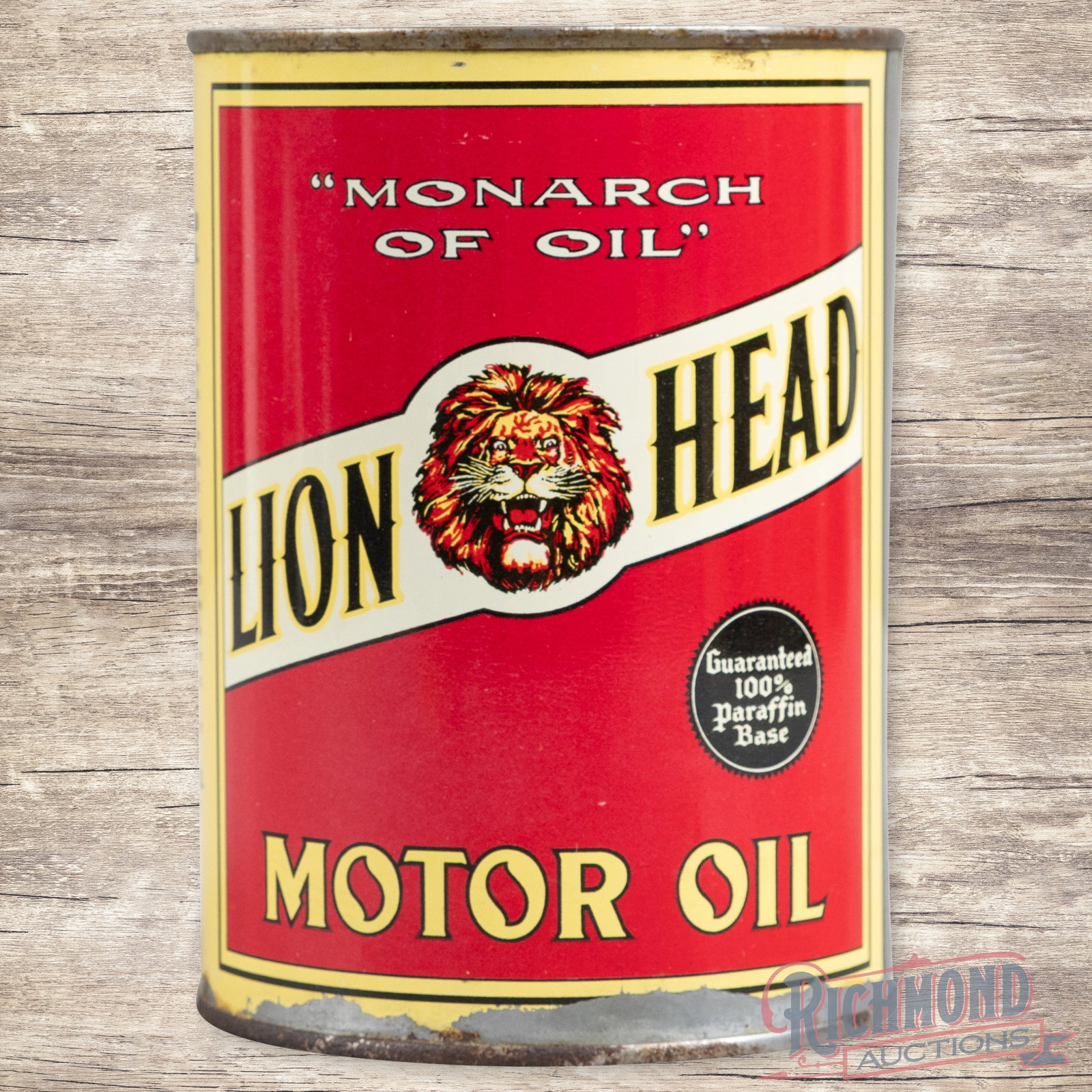 Gilmore Lion Head Motor Oil Metal 1 Quart Can w/ Logo: Empty metal one quart can has excellent color and shine. The display has a clean field with paint loss along the lower edges. The reverse has an area of wash in the left field with a horizontal indent