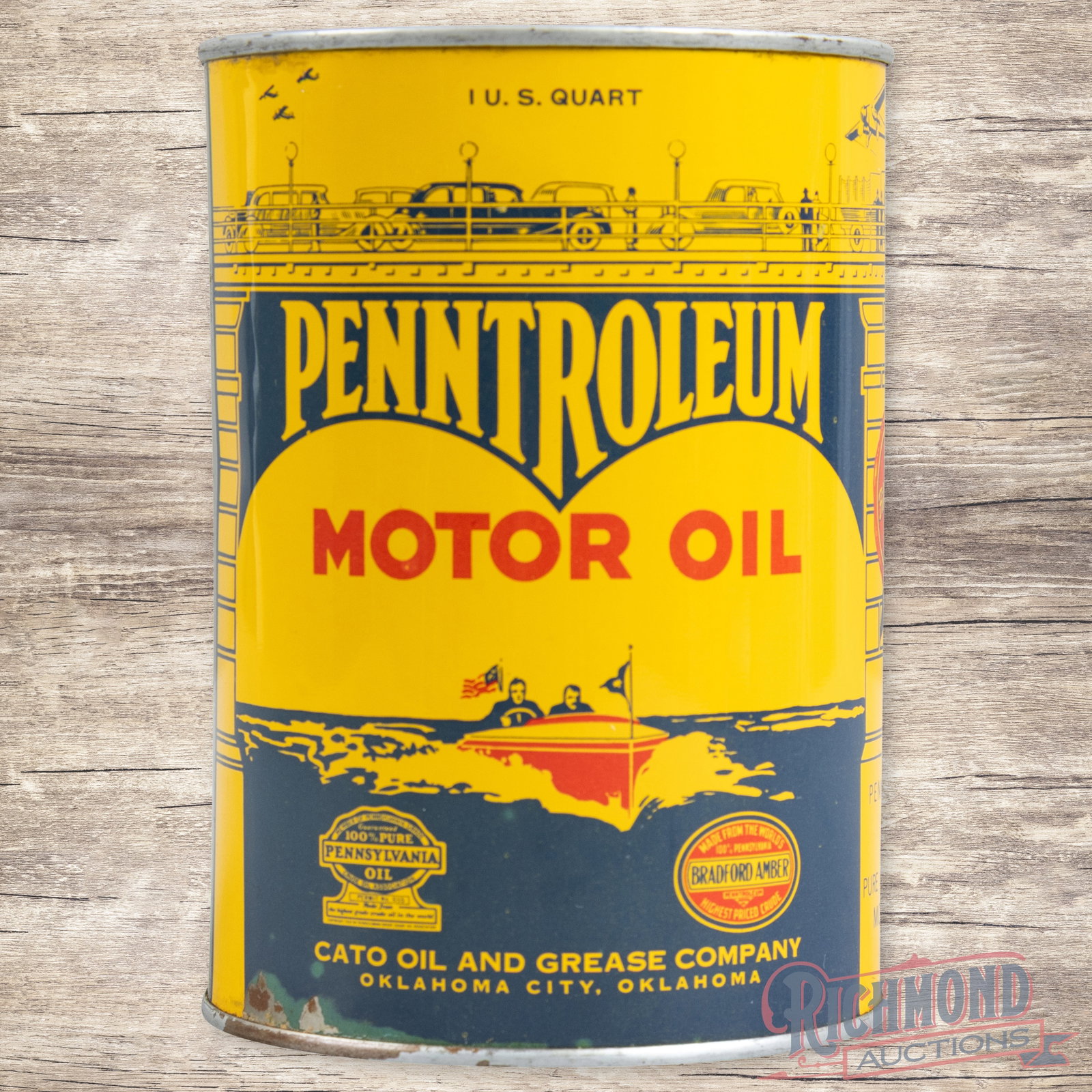Penntroleum Motor Oil Metal 1 Quart Can w/ Boats & Cars: Empty metal one quart can has excellent color and shine. Side #1 has a clean field with wear along the lower left edge and small rim dents along the upper edge. The reverse has a scratch in the left f