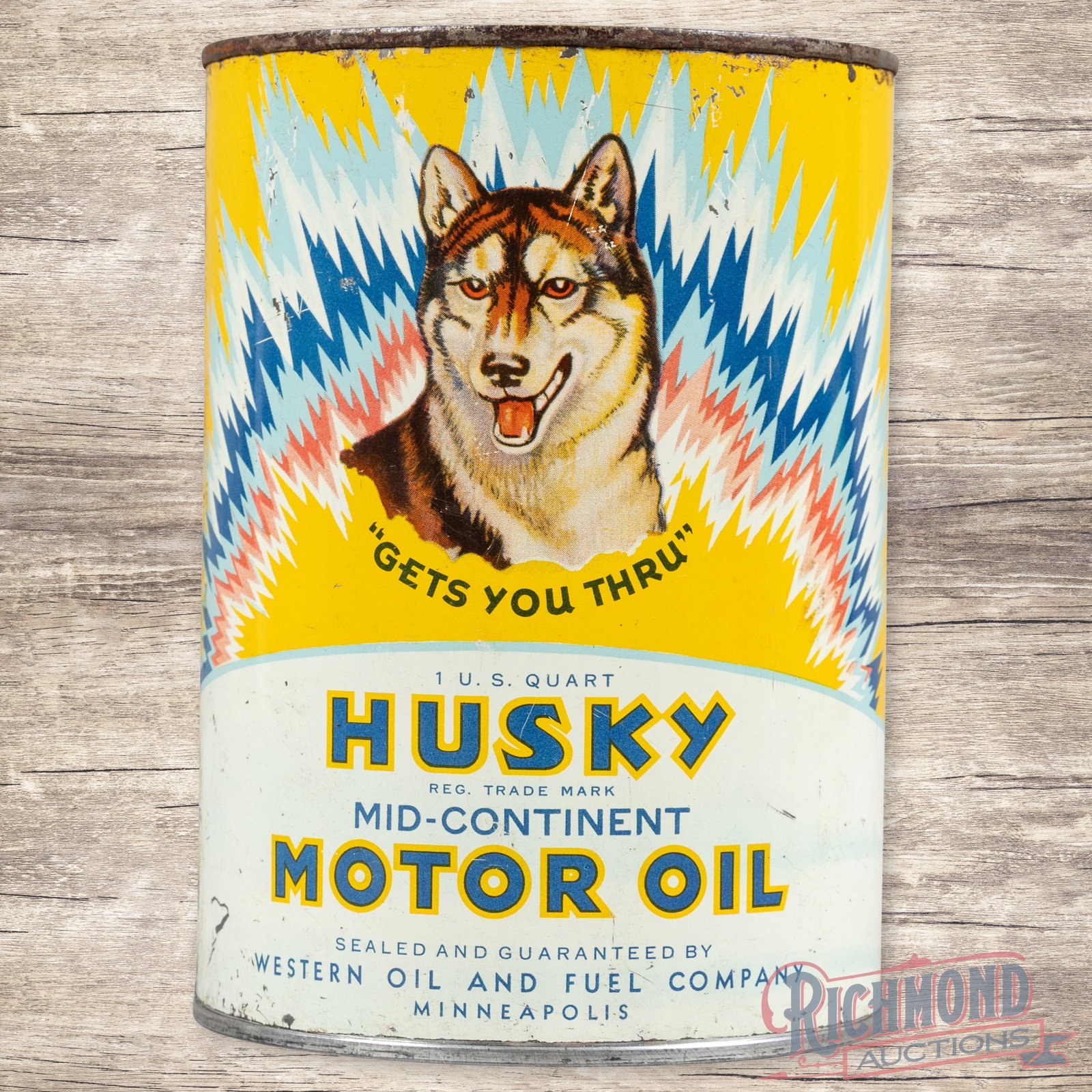 Husky Mid-Continent Motor Oil Metal 1 Quart Can w/ Northern Lights: Empty one quart metal can has very good color and shine. The Husky can skin has been wrapped around another quart can and has been tack-welded along the seam. The side with the jumping Husky has light