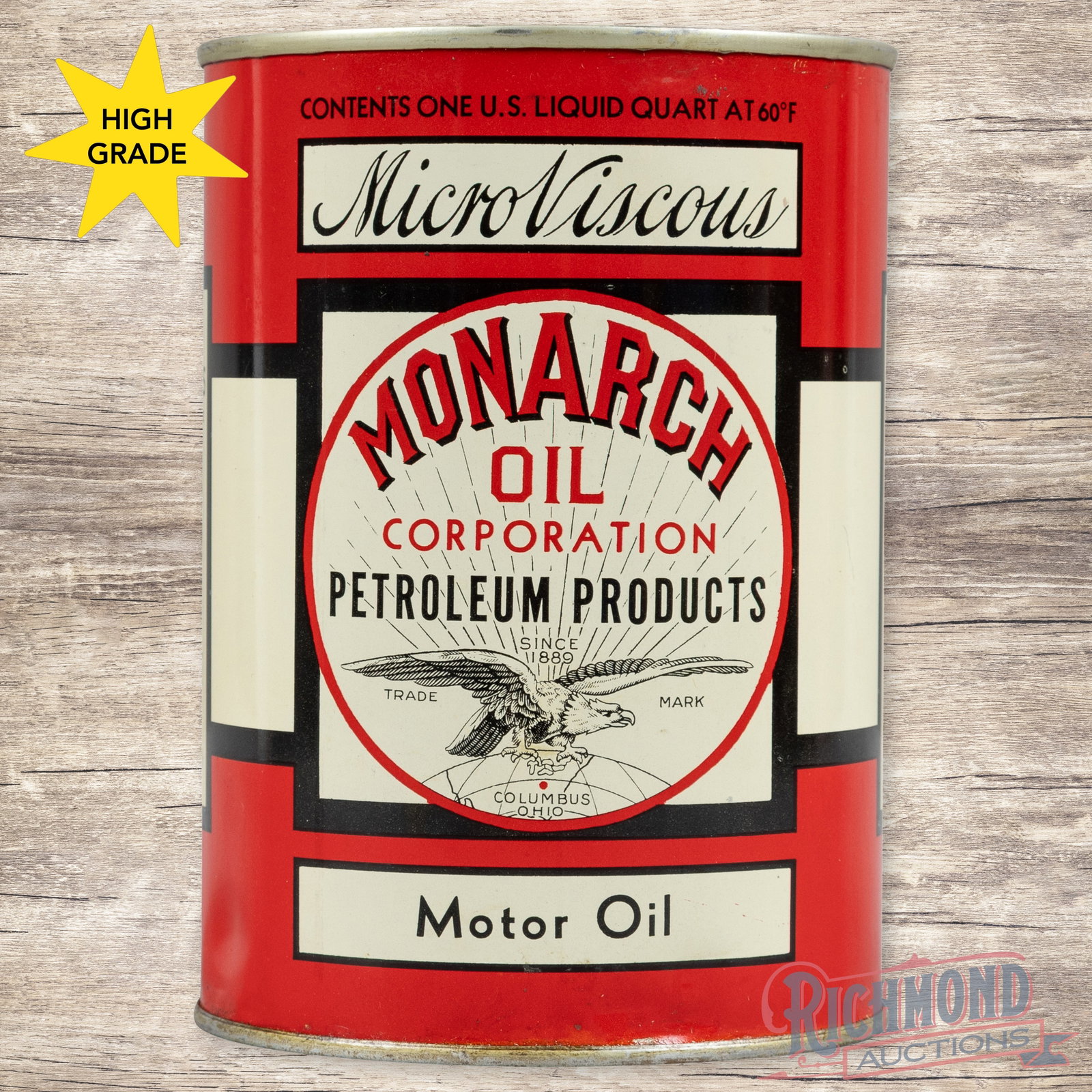 Monarch Motor Oil Metal 1 Quart Can w/ Logo Columbus Ohio: Empty metal one quart can has excellent color and shine. The display is clean with a faint vertical fine scratch in the lower field and small indentations at the lids. The sides and reverse have a few