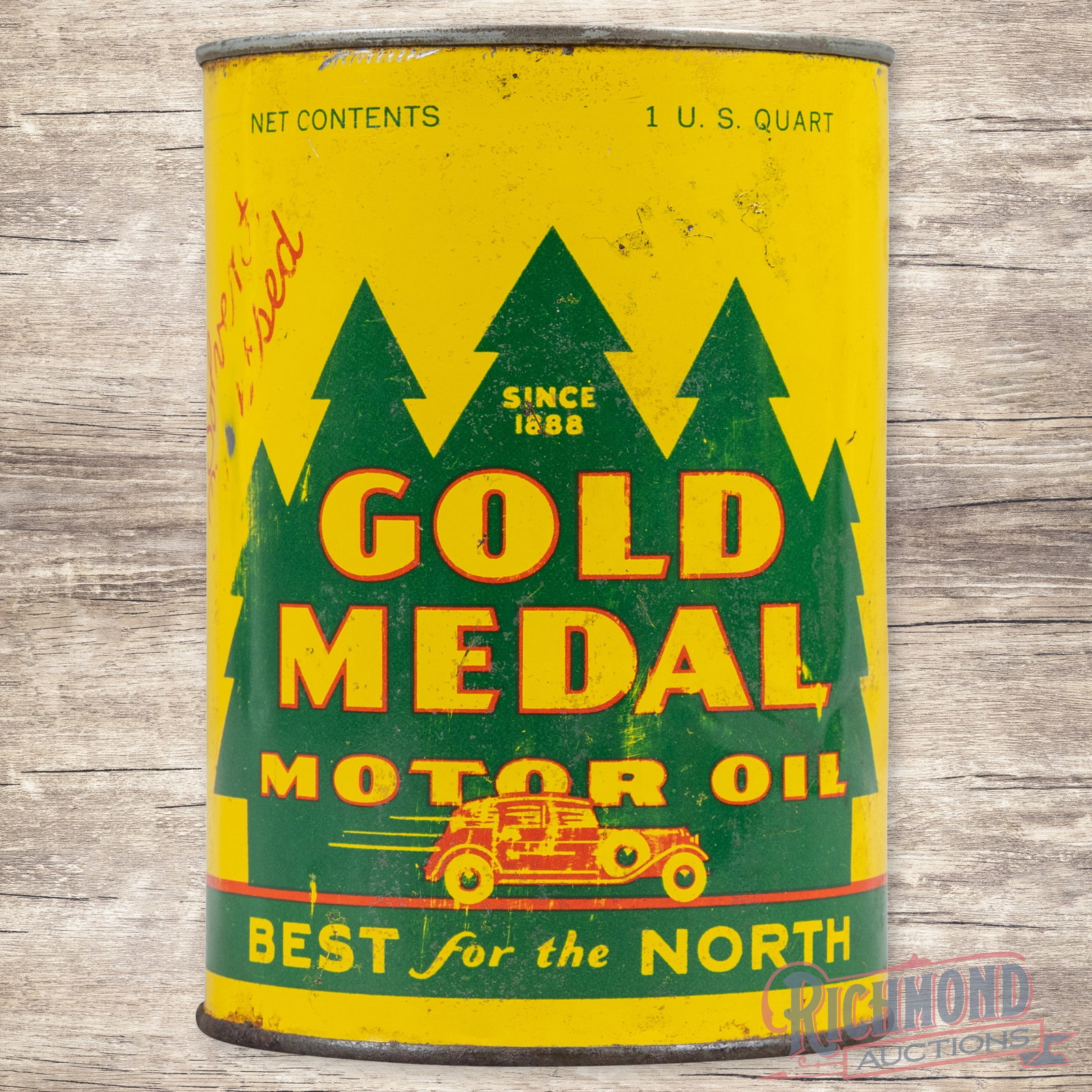Kunz Gold Medal Motor Oil Metal 1 Quart Can w/ Early Automobile: Empty metal one quart can has very good color and shine. The display has surface wear with scuffs, and indentation by the "L" in Medal and an area of wash in the outer left field. The sides and revers