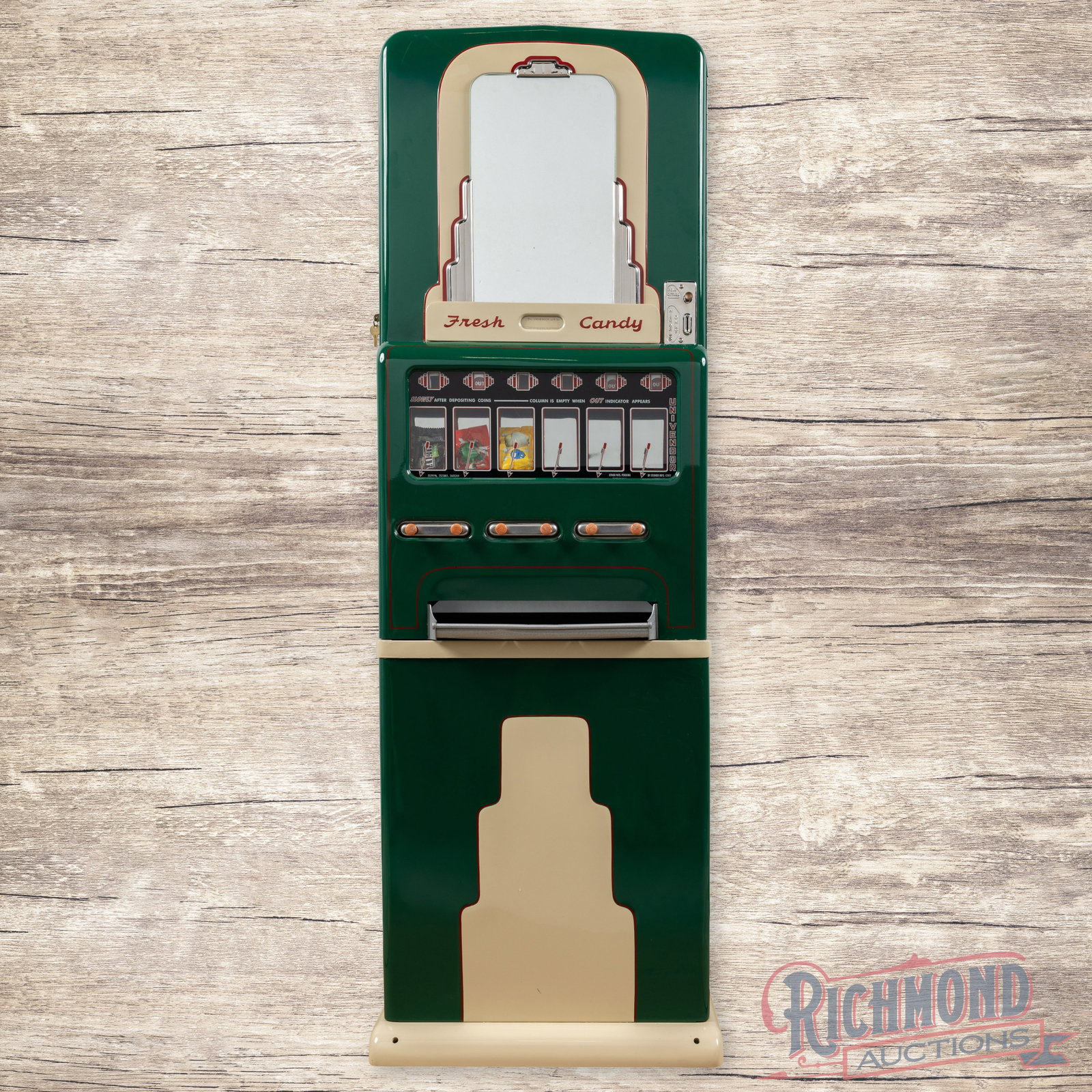 Stoner Univendor Candy Machine Restored: Five Cent Stoner candy machine has undergone professional restoration and is in outstanding condition. It features a high gloss paint with custom pinstriping. The front features art deco-style mirrors